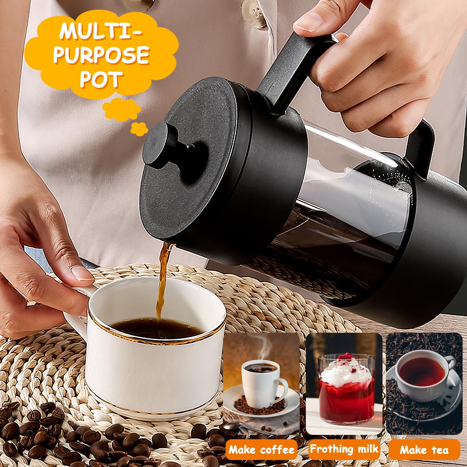 Cafetière à Piston, French Press 1000 ml (5 Tasses),Carafe Française pour Café Filtre,verre borosilicate résistant à la chaleur, Triple Filtres en acier inoxydable,Cafetière/théière (Noir)