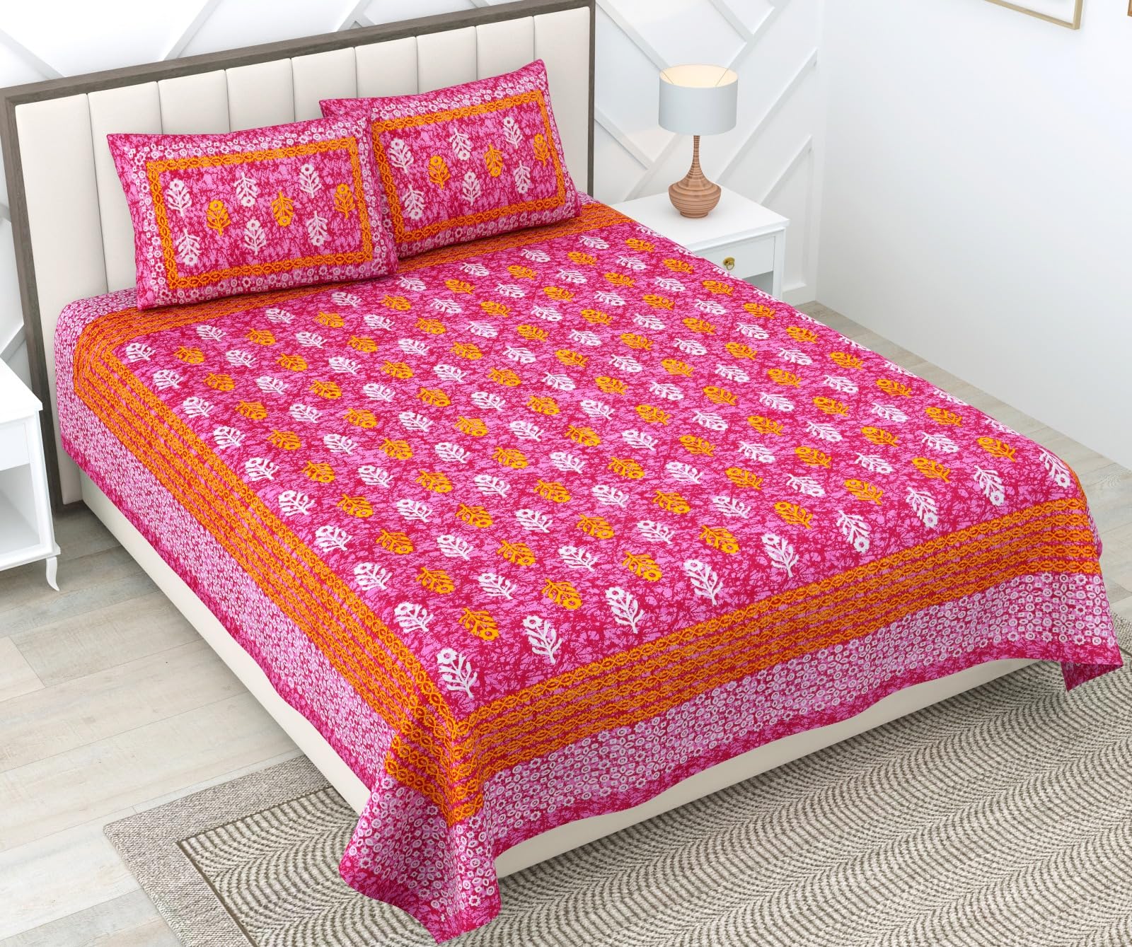 RajasthaniKart 144 TC Pure 100% Cotton Double Bed Sheet with 2 Pillow Covers (Bedsheet for Double Bed Cotton, Pink Small Booty Jaipuri, King Size,5299)