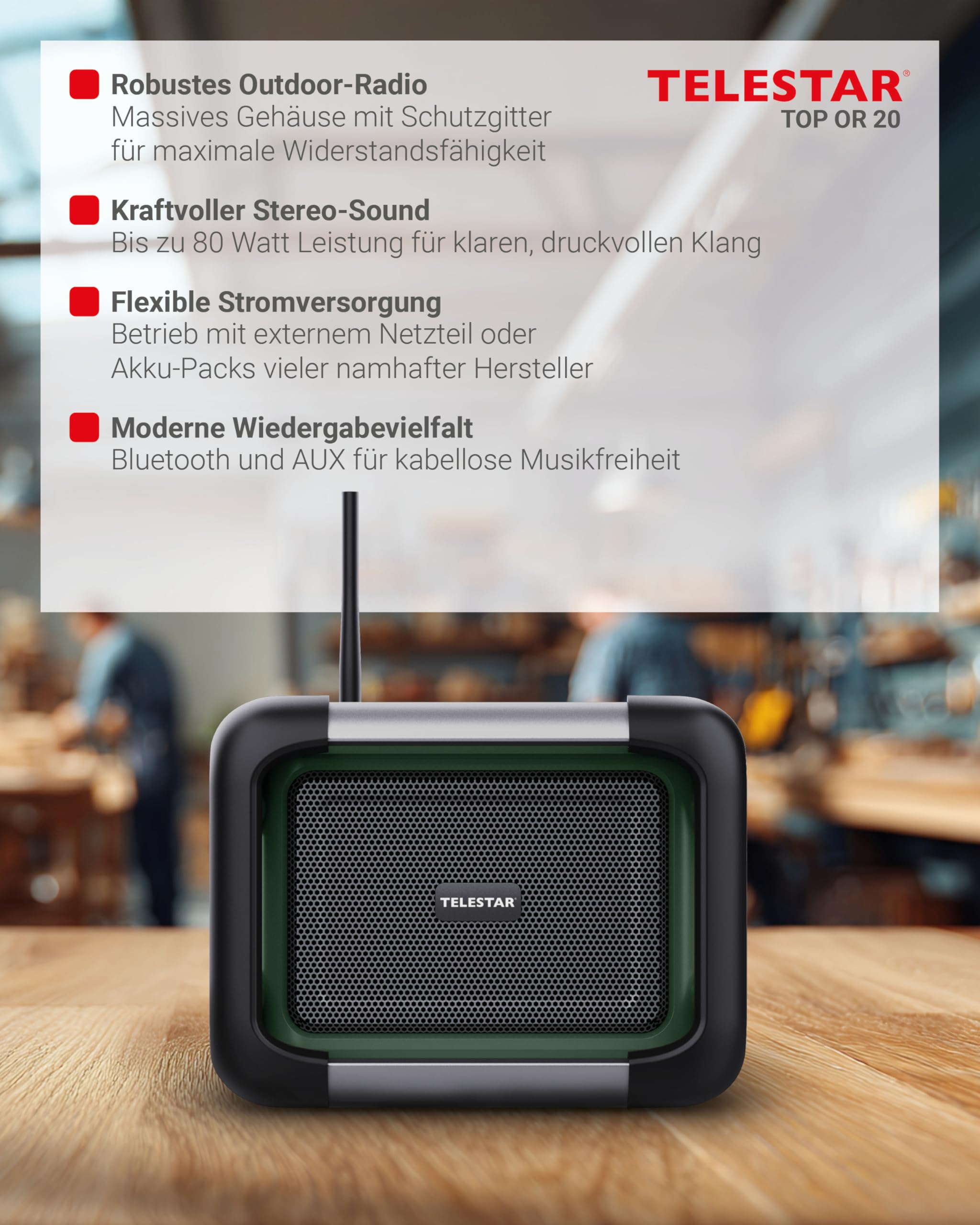 TELESTAR TOP OR 20 – Baustellenradio, läuft mit Marken-Akkus (Makita etc.) | Robust, DAB+, Bluetooth Audio-Streaming, für Akkus von Makita, DeWalt, Bosch, Milwaukee, 80 W Stereo, USB, Akku-/Netzbetrieb