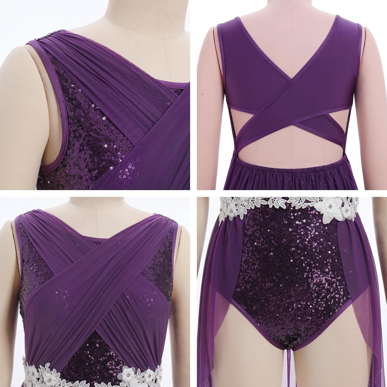 IBAKOM Women Lyrical Dance Costume Criss-Cross Back Floral Lace Sequins Bodice Half Flowy Skirt Contemporary Dance Outfits