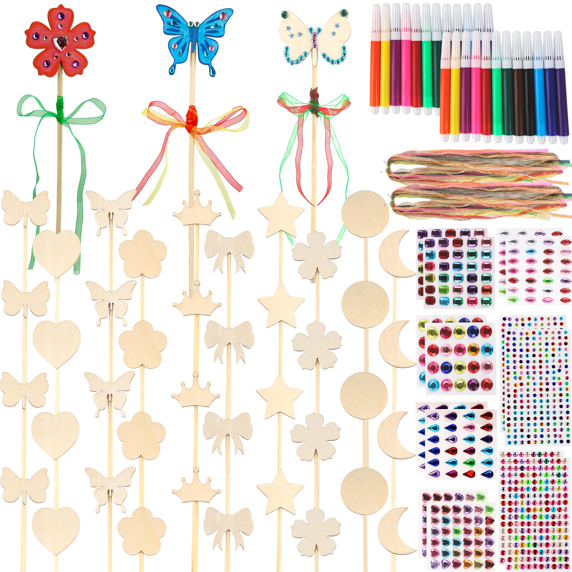 Kugliwa 118 Pcs Princess Fairy Wands Kit Include 40 Unfinished Wood Stars Wands 40 Ribbons 14 Gem Stickers 24 Markers for DIY Crafts Birthday Party Favor Magic Shows,10 Styles