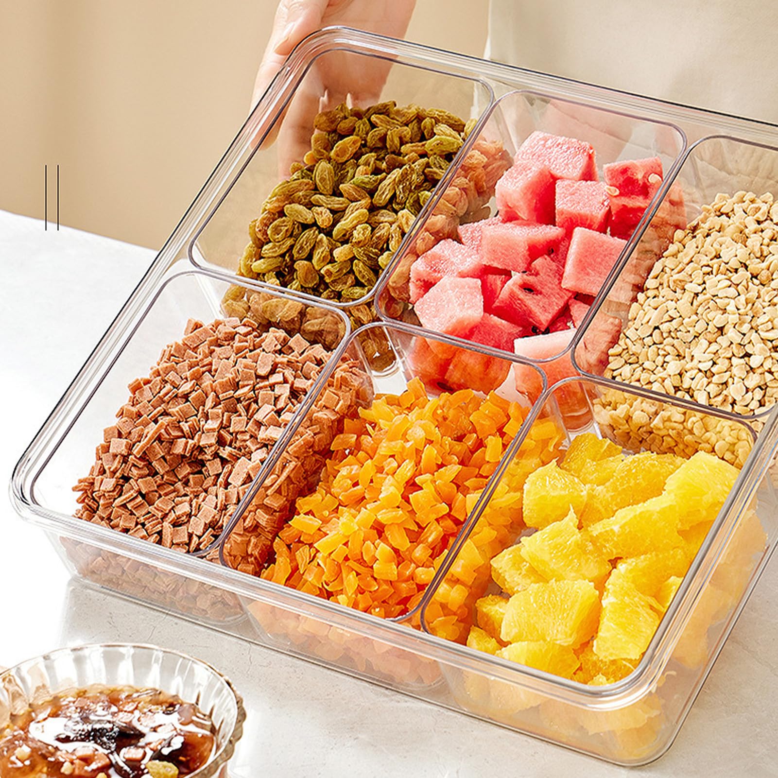 Plateau de service divisé réglable avec couvercle – Grande capacité pour fruits, desserts et assaisonnements – Idéal pour les fêtes et les divertissements