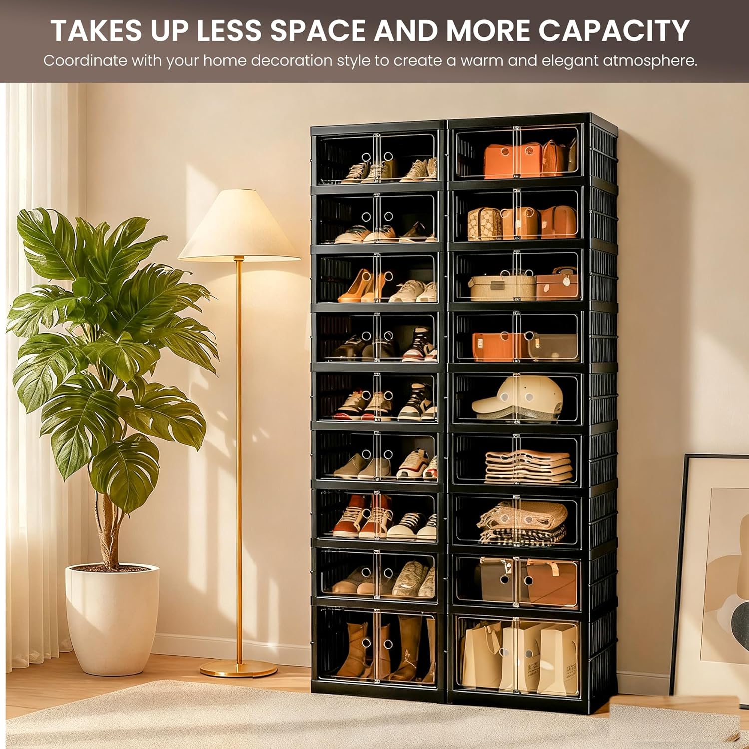 Foldable Shoe Organizer Storage Box, Portable Extra Large Folding Shoe Rack for Closet, Shoe Storage Box with Magnetic Transparent Door and Wheels, 9 Layers 18 Grids with 2 Big Grids