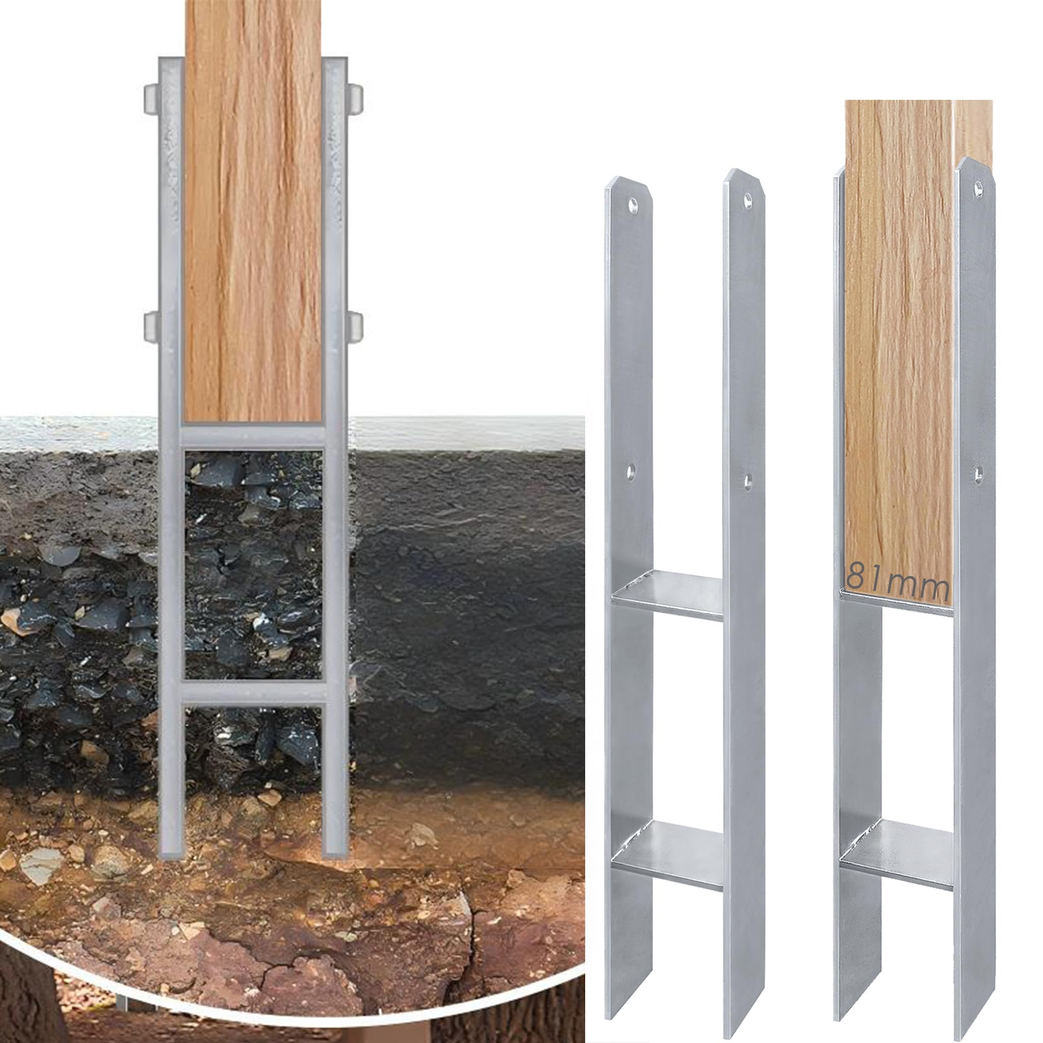 YRHome 4 Stück H Pfostenanker H-anker Pfostenträger für Zaun,Gewächshaus,Carports,Materialstärke 5mm, Gesamthöhe 600 mm Bodenanker (81x600mm)