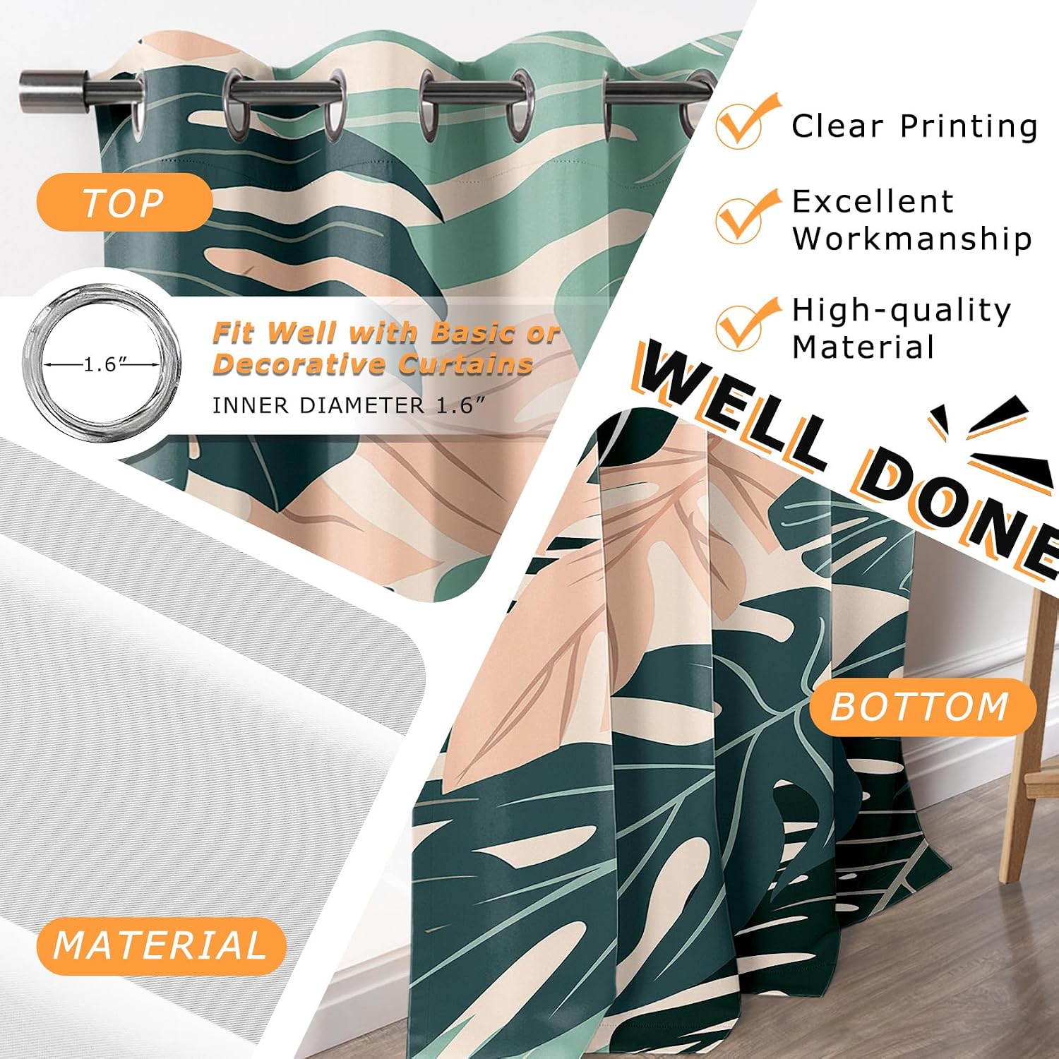 Monstera Curtains 63 Inch Length - Tropical Leaf Green Leaves Hawaiian Patterned Blackout Curtains for Living Room Bedroom, Room Darkening Grommet Drapes Window Treatments, 2 Panel Set