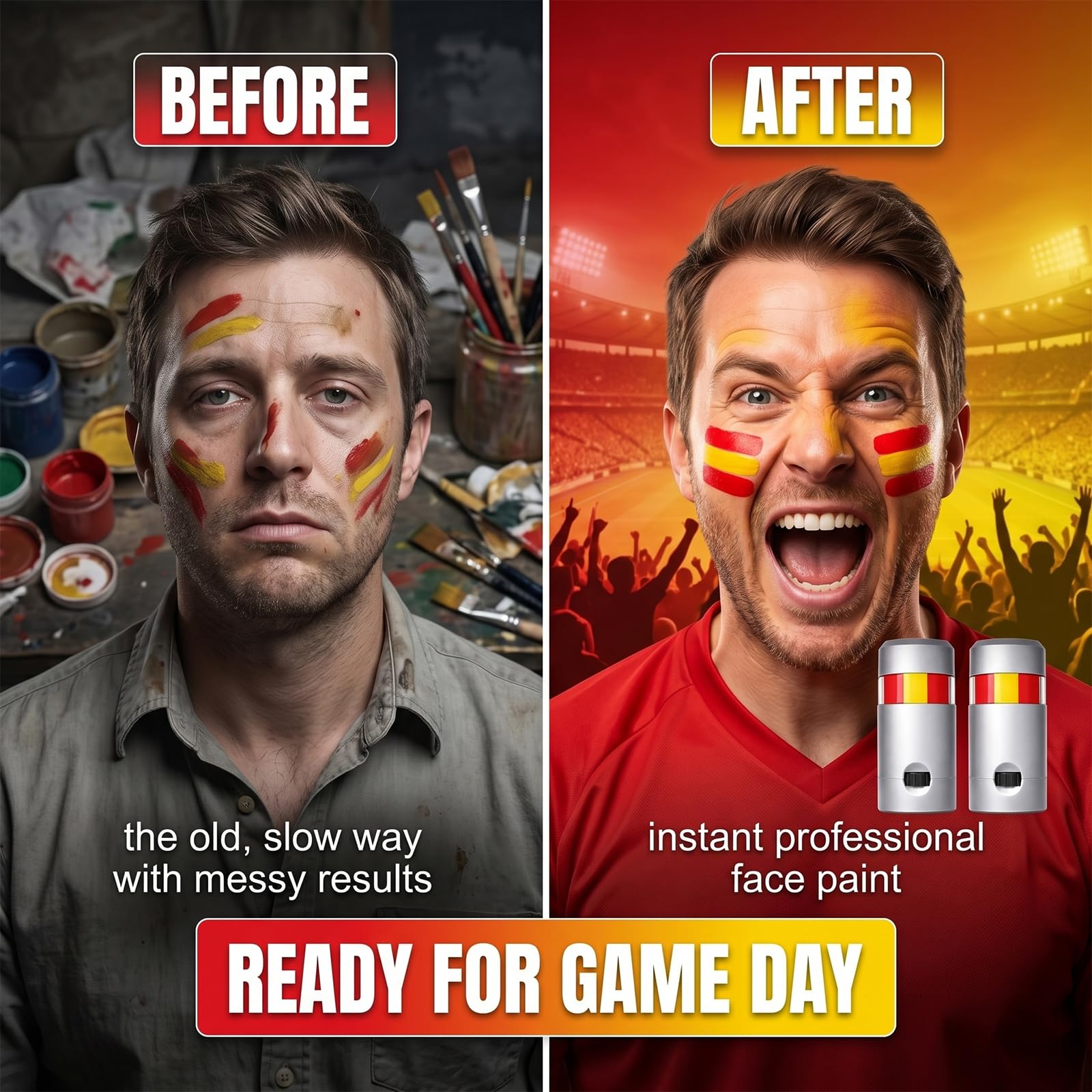 Pintacaras Bandera de España 2 Piezas, pintura facial roja y amarilla para fútbol y fiestas