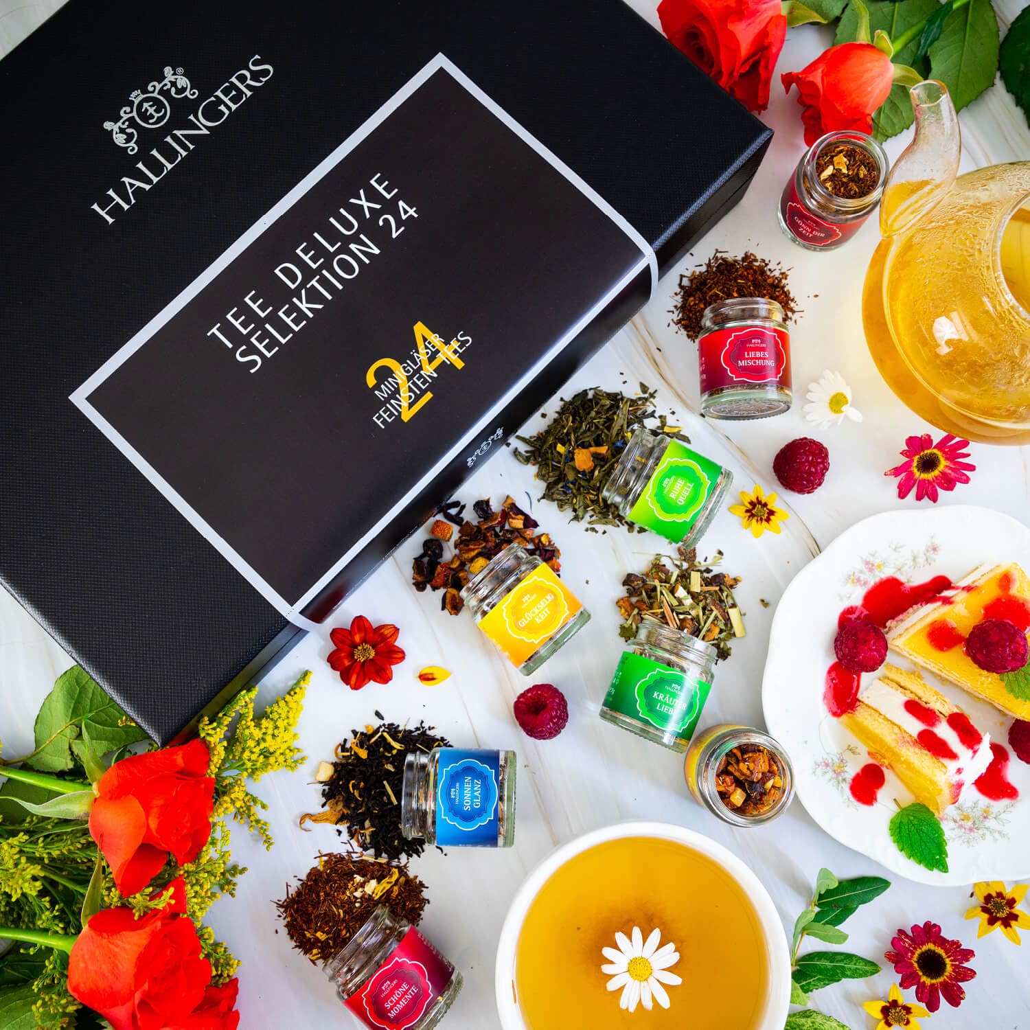 Hallingers Genuss Manufaktur Tee Geschenk-Set 24 Sorten Premium Loser Tee Probierset Geschenkbox