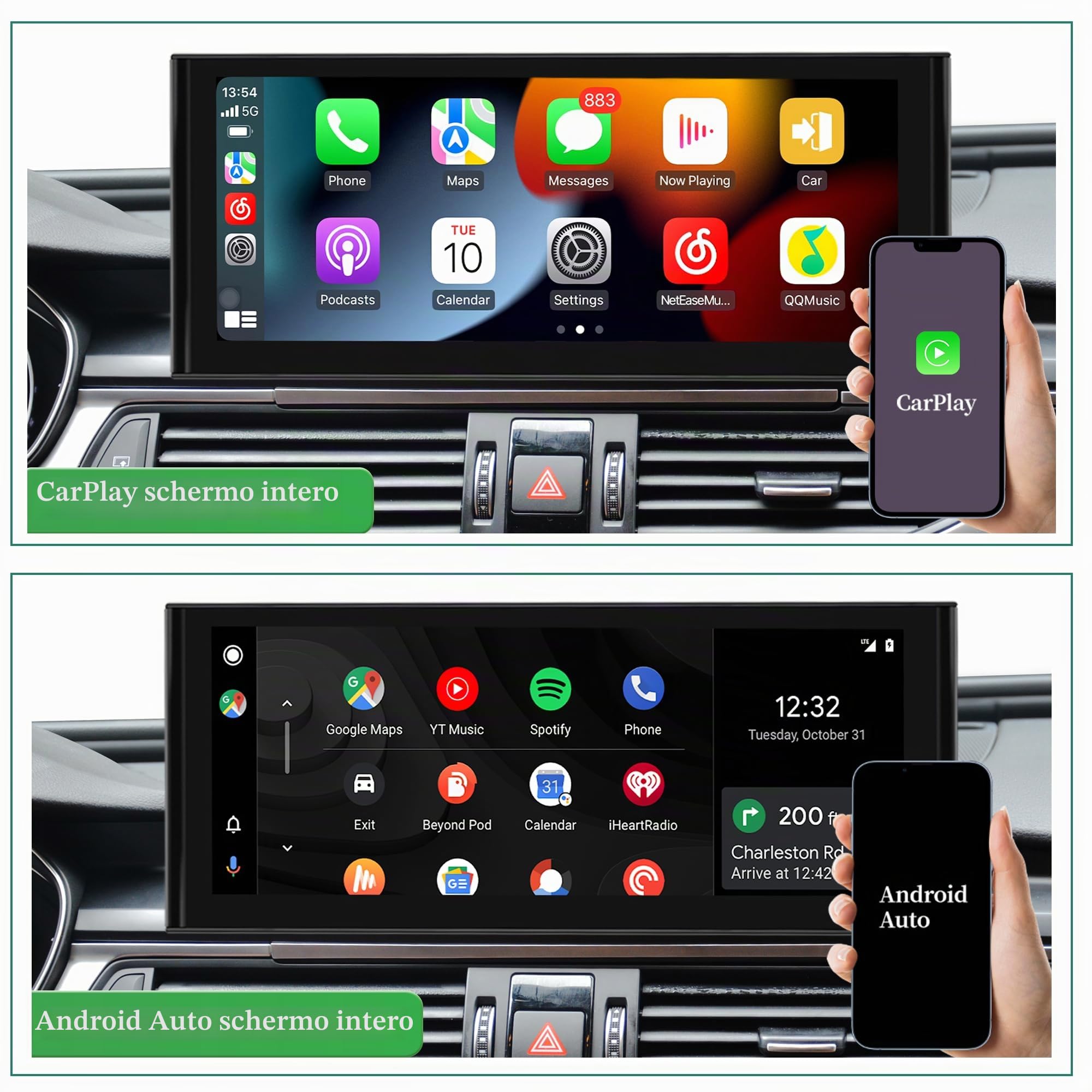 Kit di retrofit stereo Android 13 per Audi MIB2 A6 C7 A7 4G8 aggiornamento touch screen 12,3 pollici, wireless CarPlay e Android Auto, navigazione GPS, Spotify, Waze, Netflix