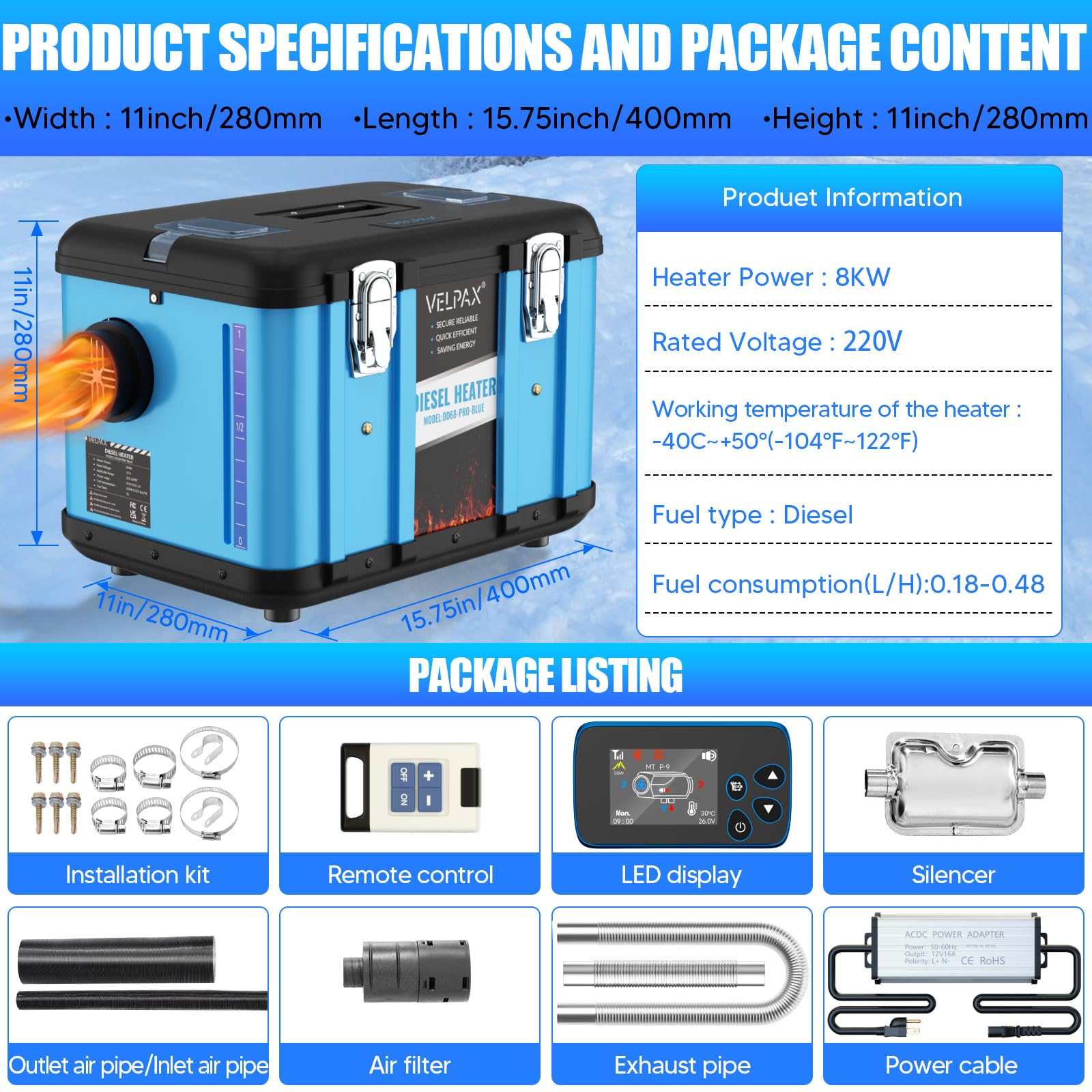 VELPAX Calentador Diésel Portátil Todo en Uno 12 V 24V 220V 8KW,Bluetooth App Calentador de Aire Diesel 0,16-0,52 L/h LCD de Control Remoto,Adecuado para Autocaravanas,Coches,Camiones,Autobuses