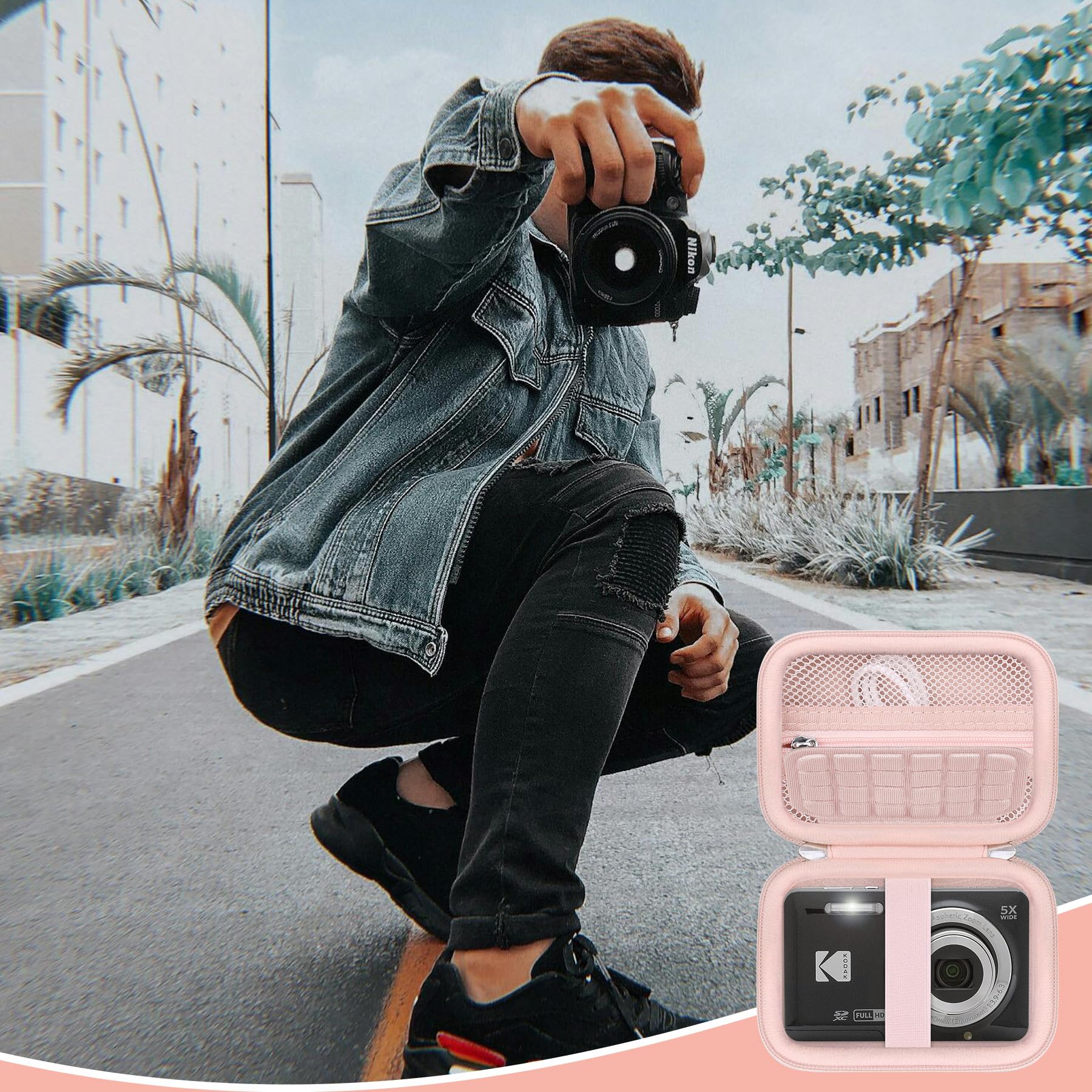 Cassa per fotocamera digitale compatibile con fotocamera digitale Kodak PIXPRO FZ55 FZ45, borsa di viaggio per archiviazione della fotocamera Vlogging con tasca in rete per cavo USB, Rosa