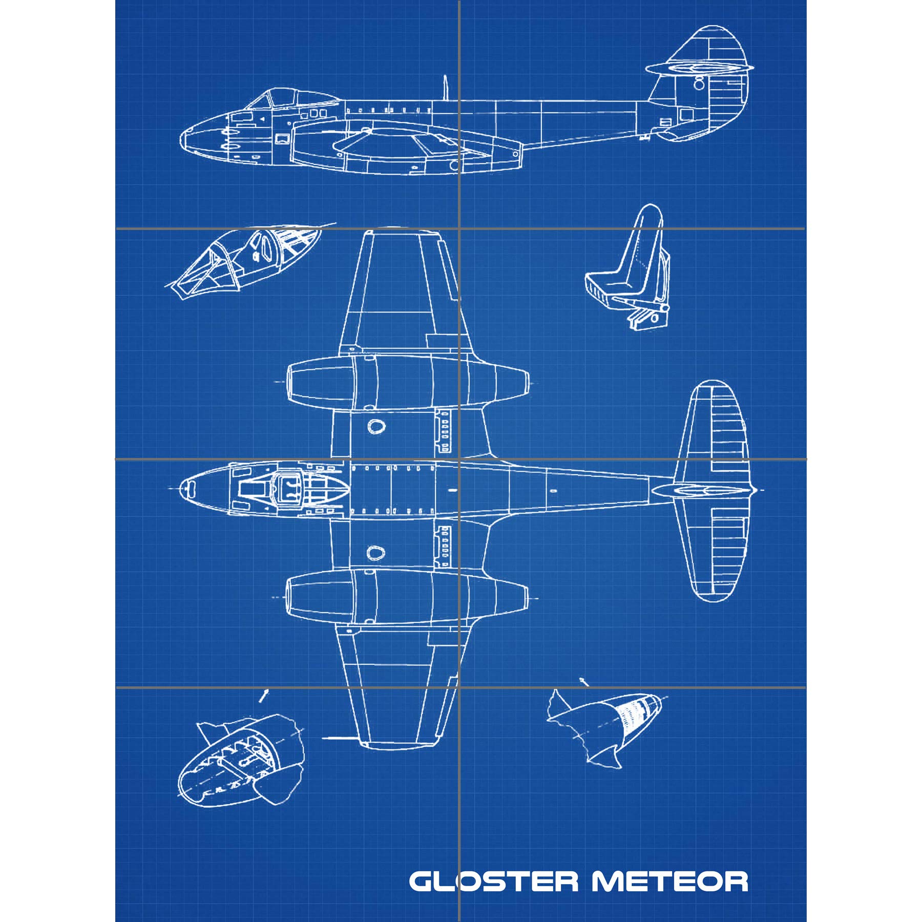Artery8 Gloster Meteor British Jet Fighter Blueprint Plan XL Giant Panel Poster (8 Sections)