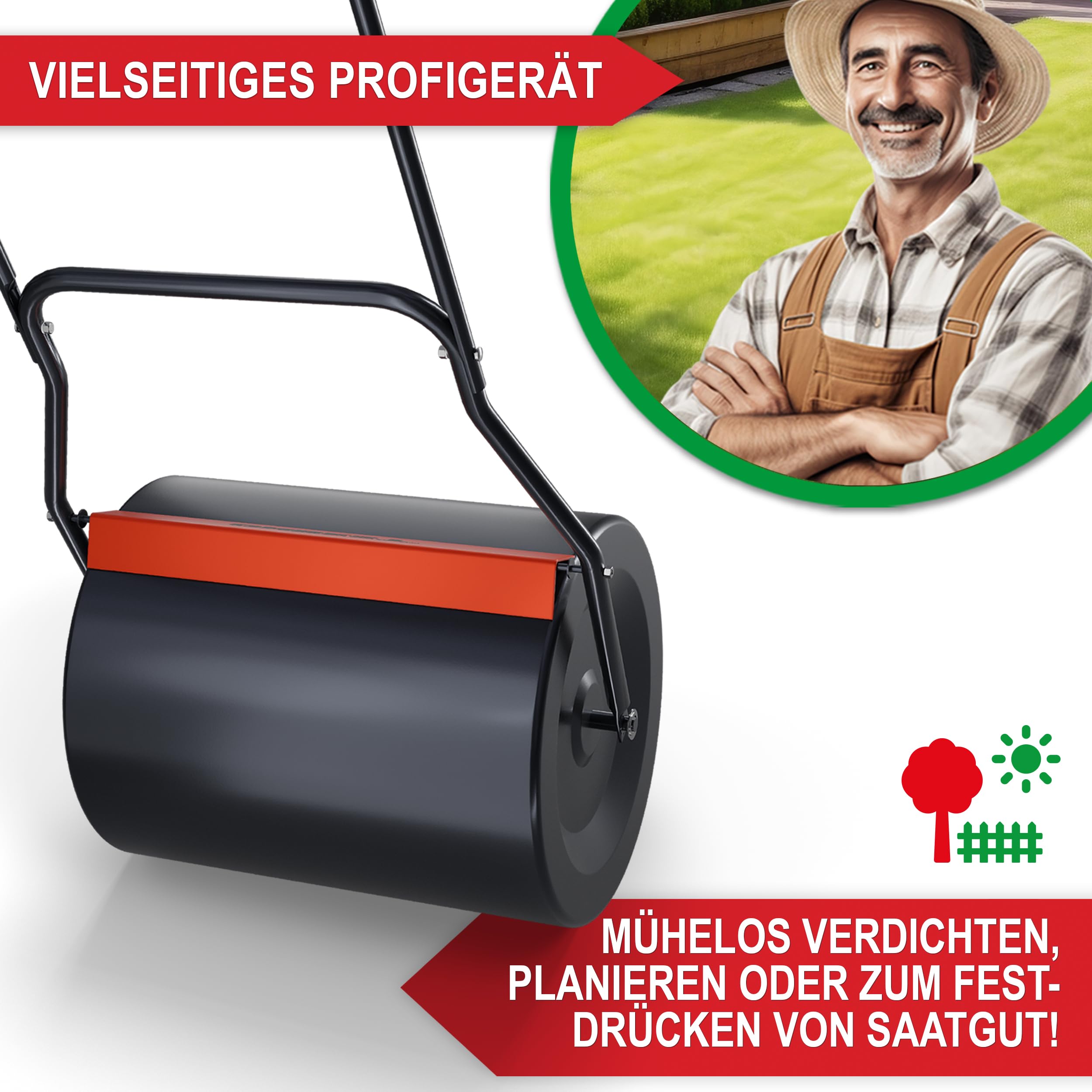 ONBEST Profi Rasenwalze – 60 Liter – befüllbar mit Sand oder Wasser – Walze aus robustem Stahl – inkl. Premium Ablassschraube & Schmutzabweiser – perfekt fürs Rasen sähen