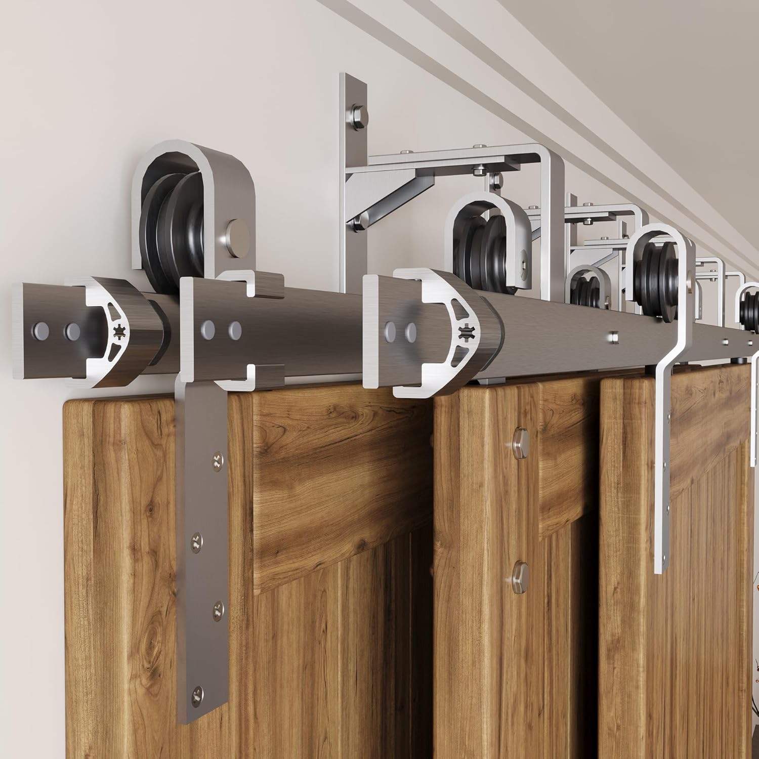 Homacer Brushed Nickel Rustic Triple Track Bypass Sliding Barn Door Hardware Kit (for Door Thickness 1-1/4in~1-3/8in), Three 9ft Long Flat Tracks,for Three Interior Doors（Doors NOT Included）