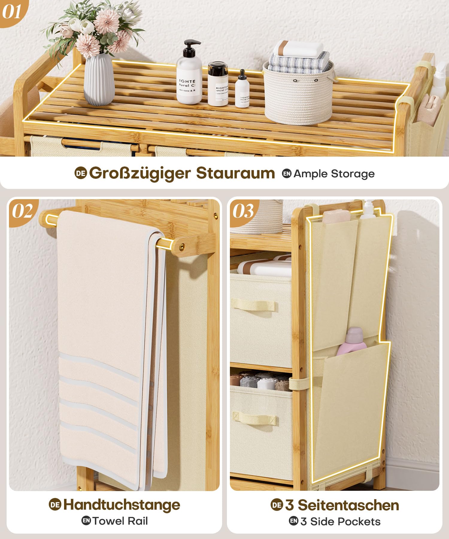 Yorbay Cesto para la colada con 3 compartimentos, bambú, 140 L, con estante, toallero y bolsillos laterales pequeños, clasificador de ropa para baño, dormitorio y lavandería, 87 x 41 x 77 cm, beige
