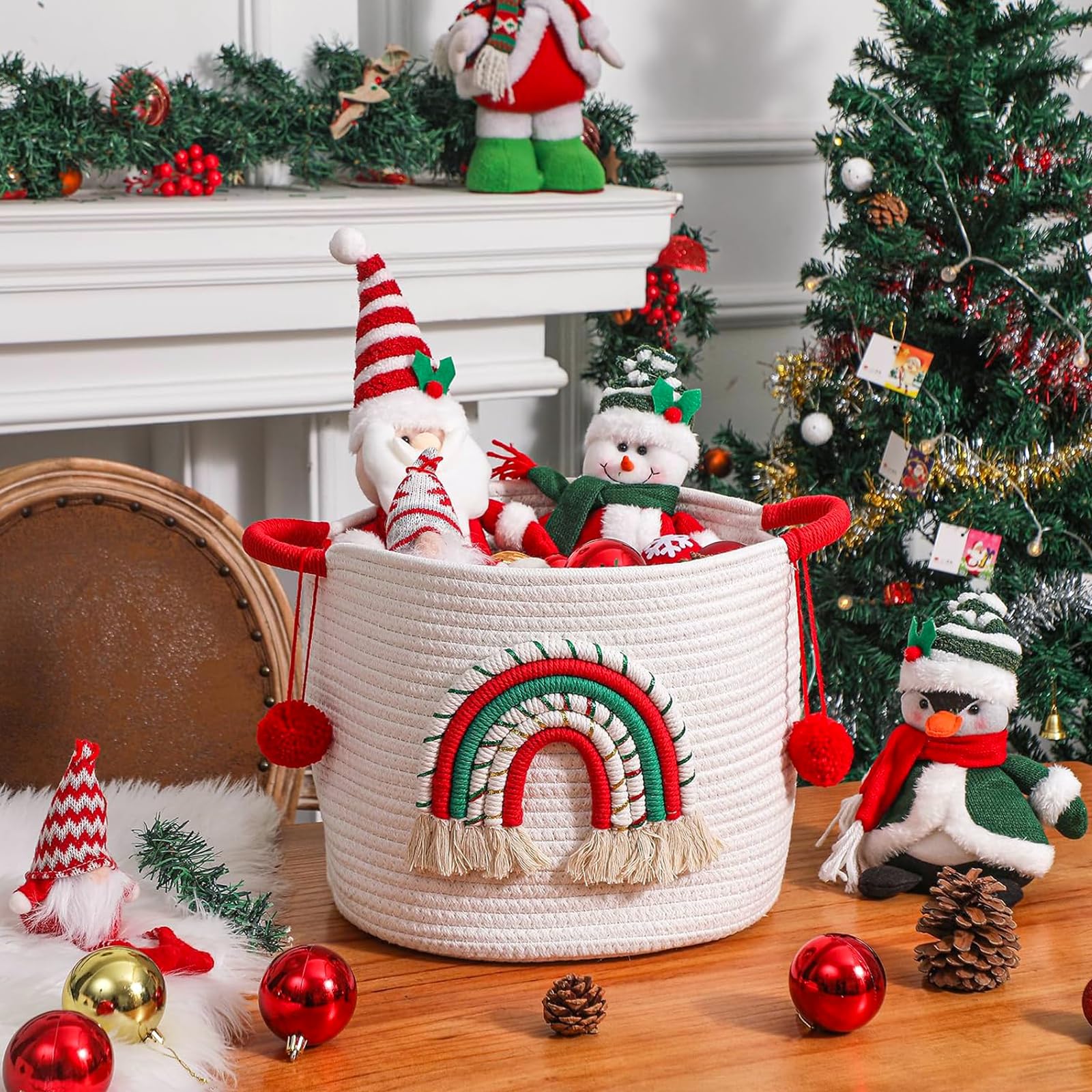 Christmas Gifts Baskets Empty with Rainbow, Cotton Rope Blanket Storage Basket, Small Laundry Baskets - Image 2