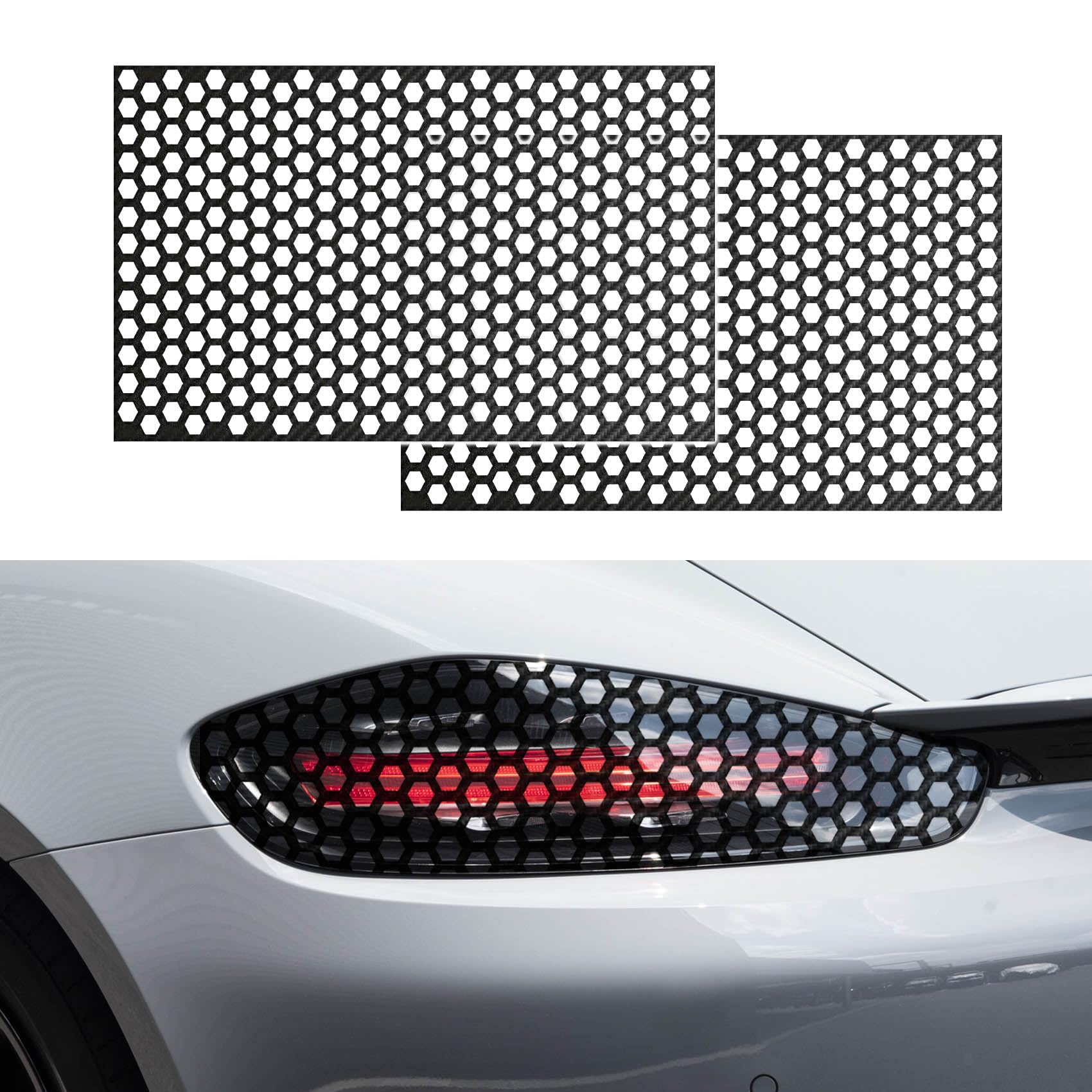 2PCS Car Rear Tail Light Lamp Stickers Honeycomb Type Decal, 18.9"×11.8" Car DIY Self Adhesive Tint Film Sheet Universal for Car Rear Tail Light Headlamp Taillight Cover Trim (Carbon Black)