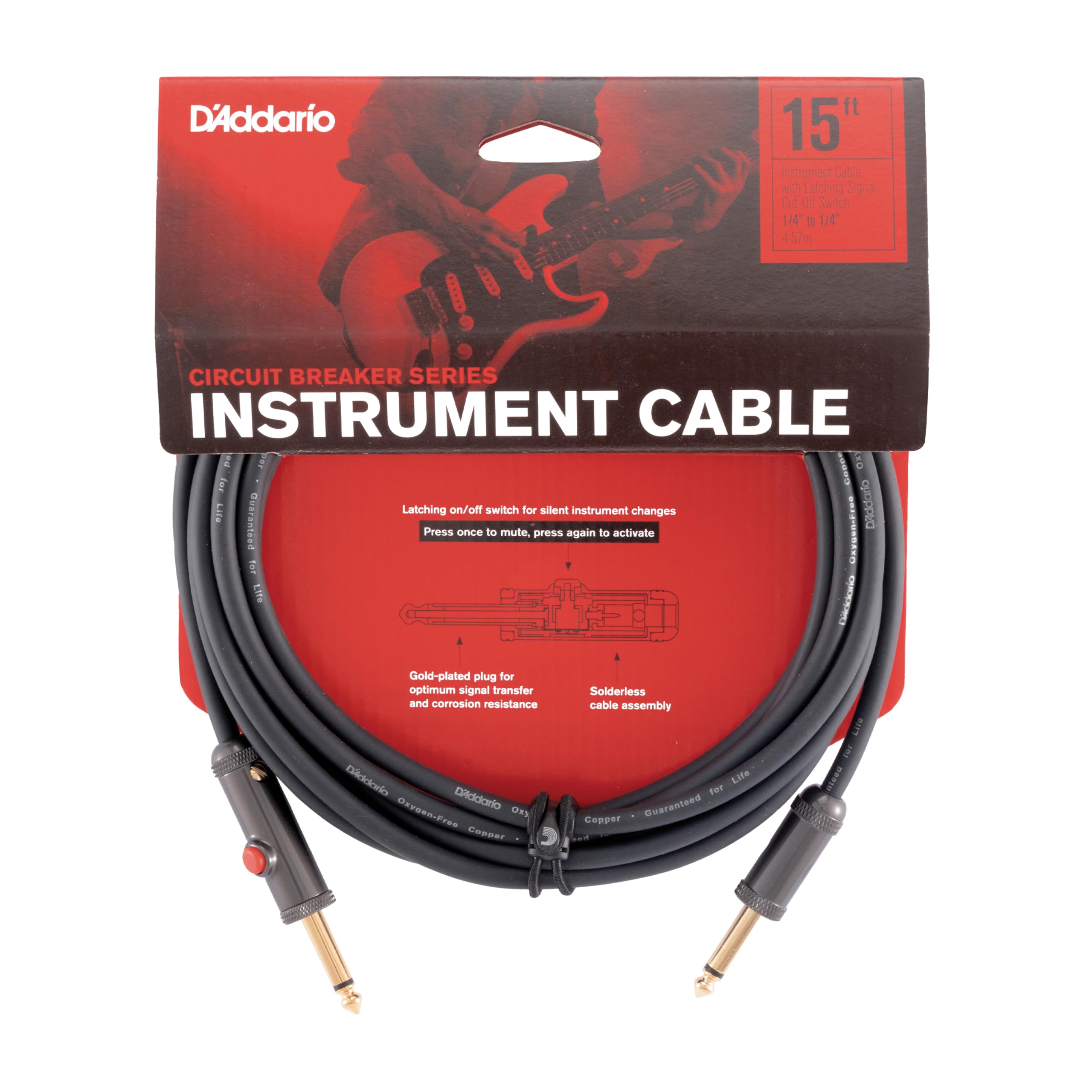 D'Addario Circuit Breaker Instrument Cable with Latching Cut-Off Switch, Straight Plug, 15 feet-image-15