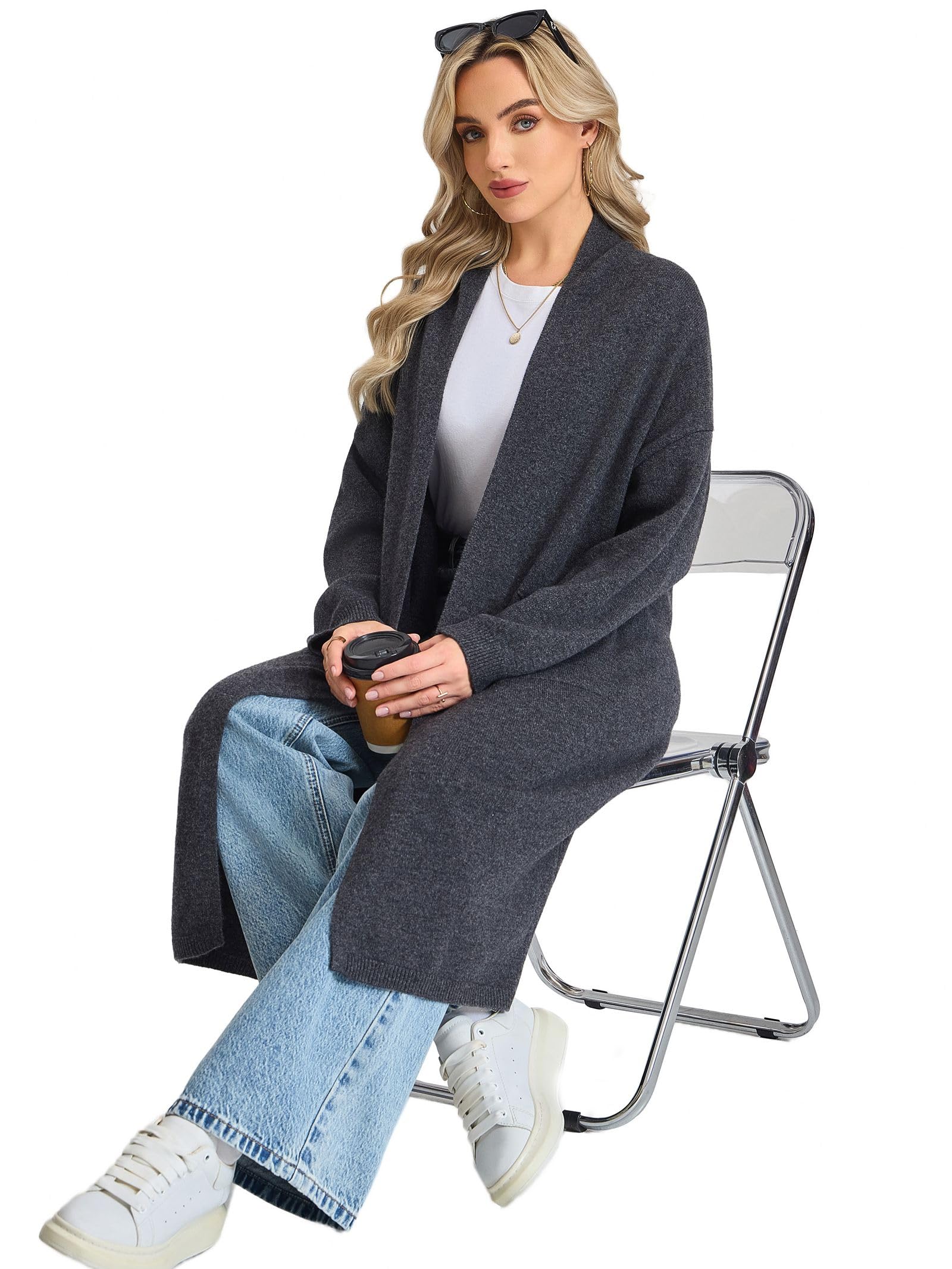 Damen 100% Merinowolle Lange Strickjacke Offenem Vorderteil