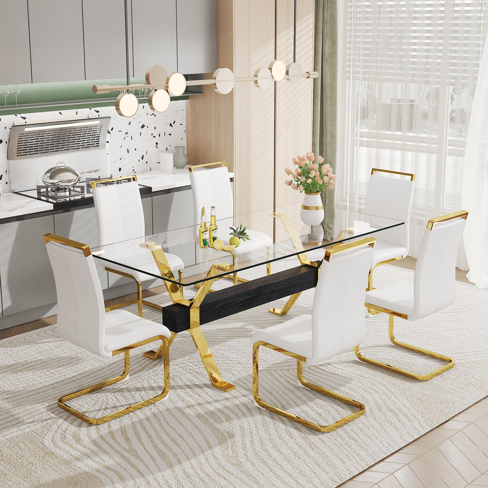 Pvillez Glass Dining Table Set for 6, 7 Piece Dining Room Table Set, 78" Modern Large Glass Kitchen & Dining Room Table w/Golden Metal Legs and Black MDF Crossbars & 6 White PU Leather Dining Chairs