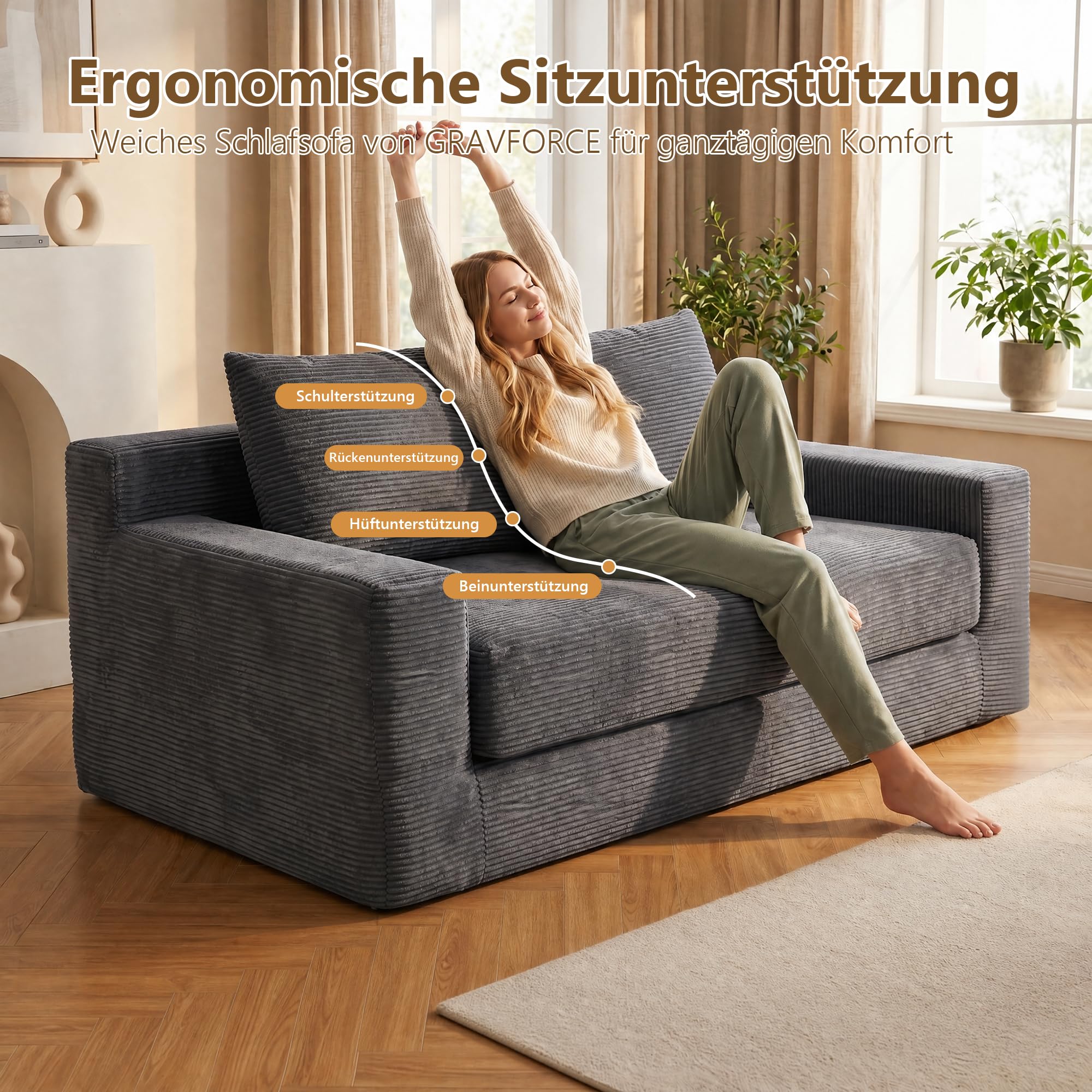 GRAVFORCR Schlafsofa klappbar, Boneless Couch 188cm Dunkelgrau