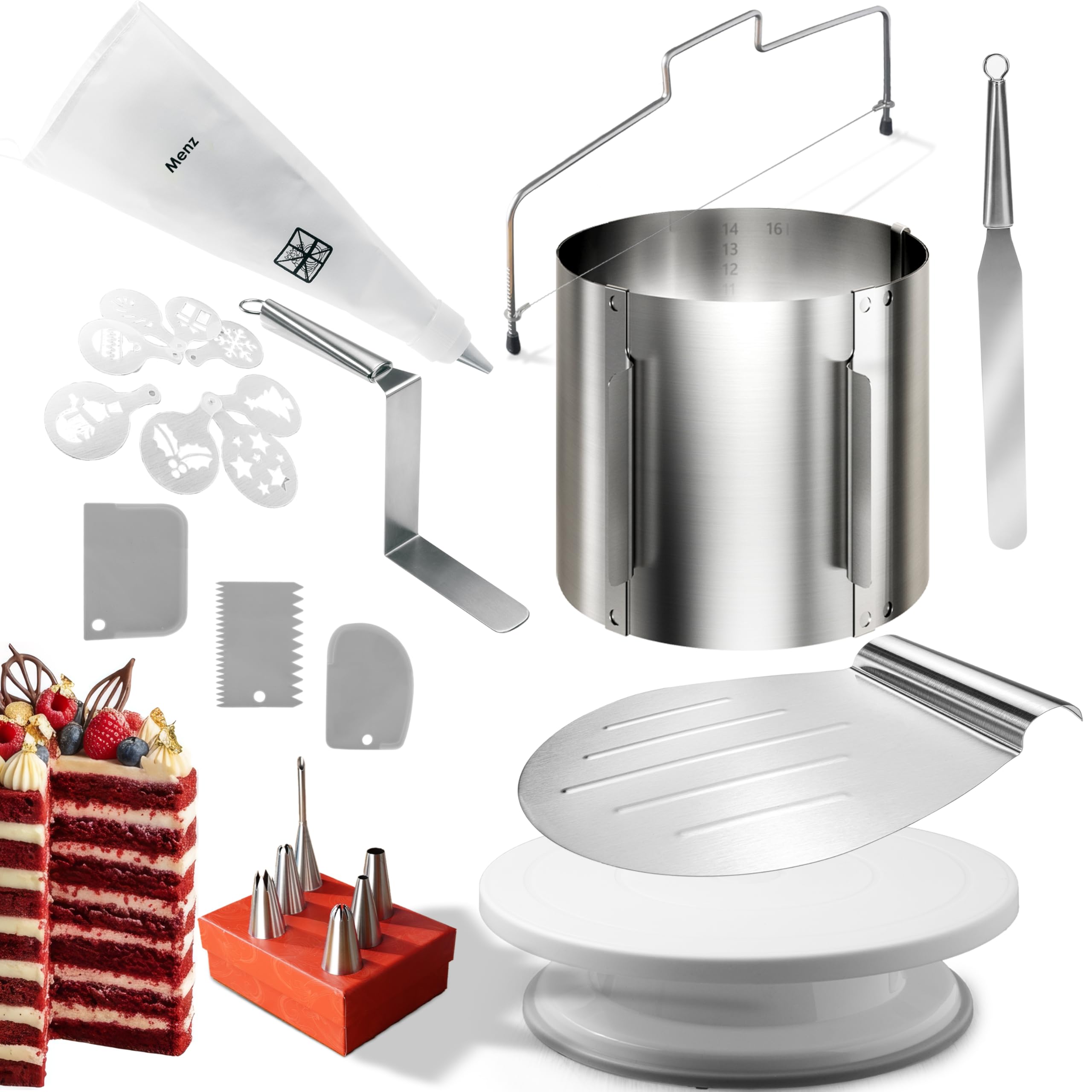 Menz Tortenschneider-Set, 24 Teile - Tortenschneider, Tortenring verstellbar hoch15 cm, Tortenheber, Tortenplatte drehbar, Streichpalette, Winkelpalette, Spritzbeutel mit Tüllen, Tortenschablone