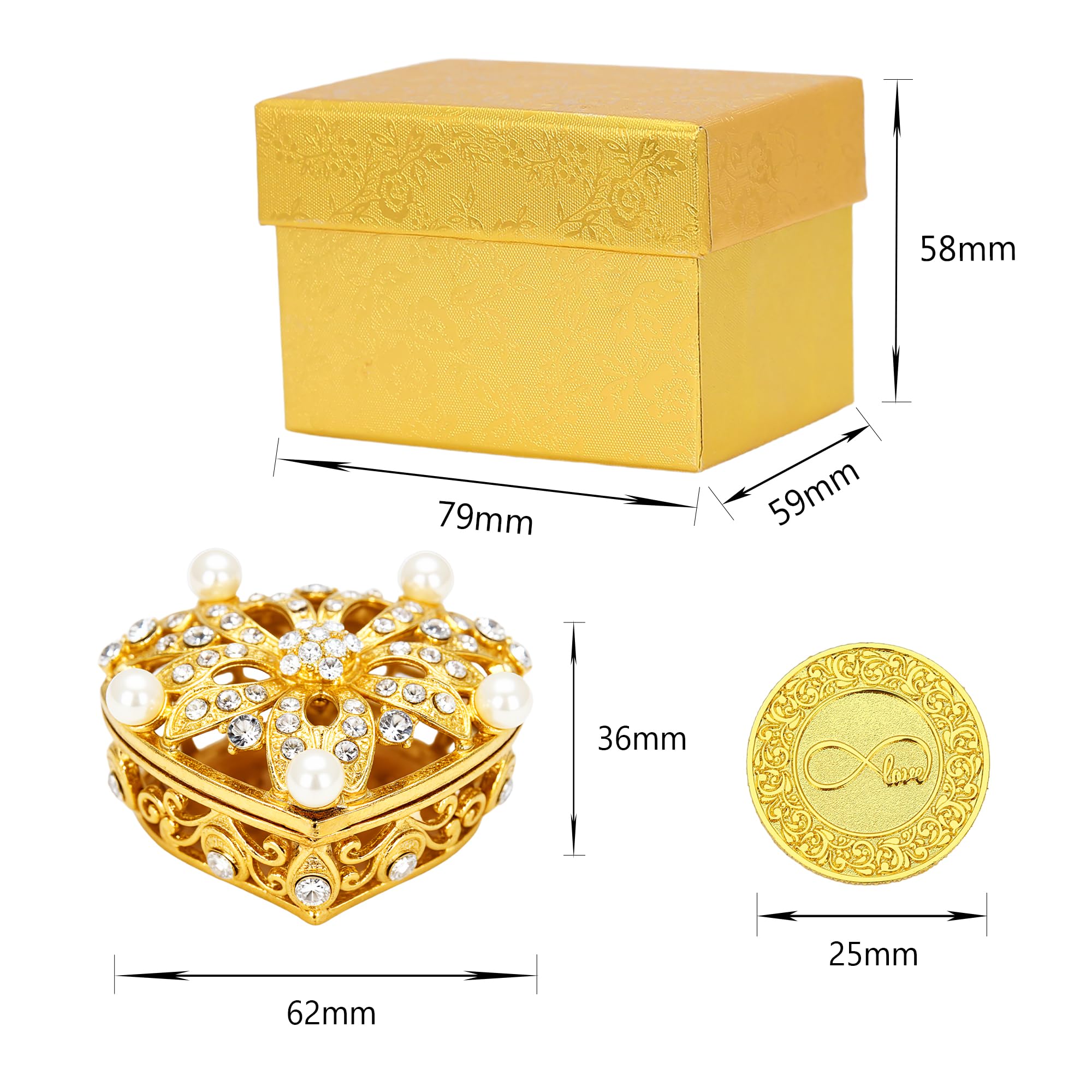 TINGKU Arras de Boda plata española boda Arras monedas en perla y corazón de cristal joyero unidad monedas conjunto (Gold)