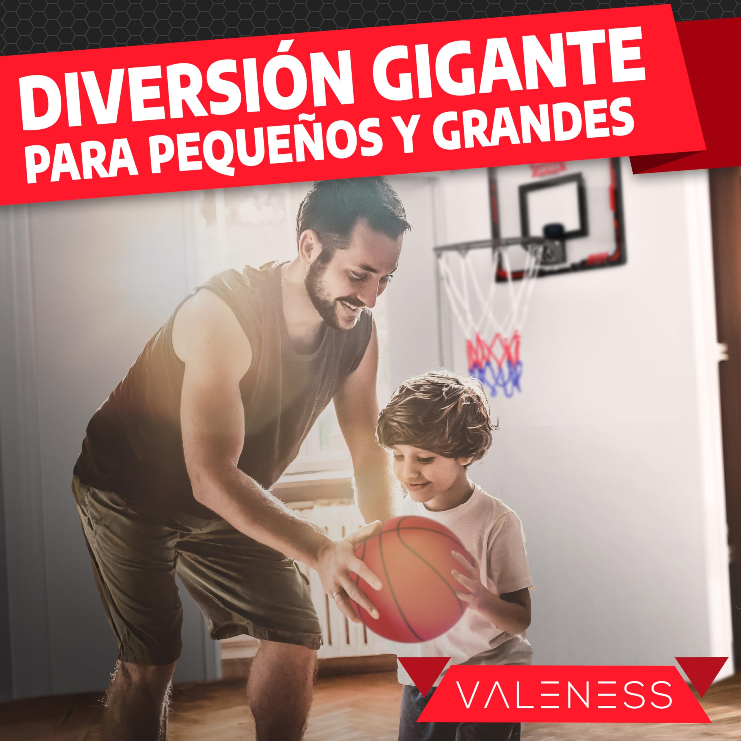 VALENESS® Mini canasta de baloncesto para interior [para puerta y montaje en pared] – pequeña cesta de baloncesto con función oscura, 4 pelotas, bomba y accesorios de fijación – para niños y adultos
