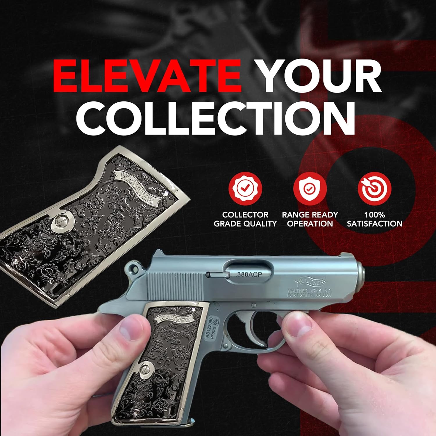 Custom Metal Grips for Walther PPK & PPK-S, Scroll Engraved Grip Panels with Polished Black Nickel Finish, Precision Machined Metal Design, Collector-Grade Aesthetic, Matching Screw Included