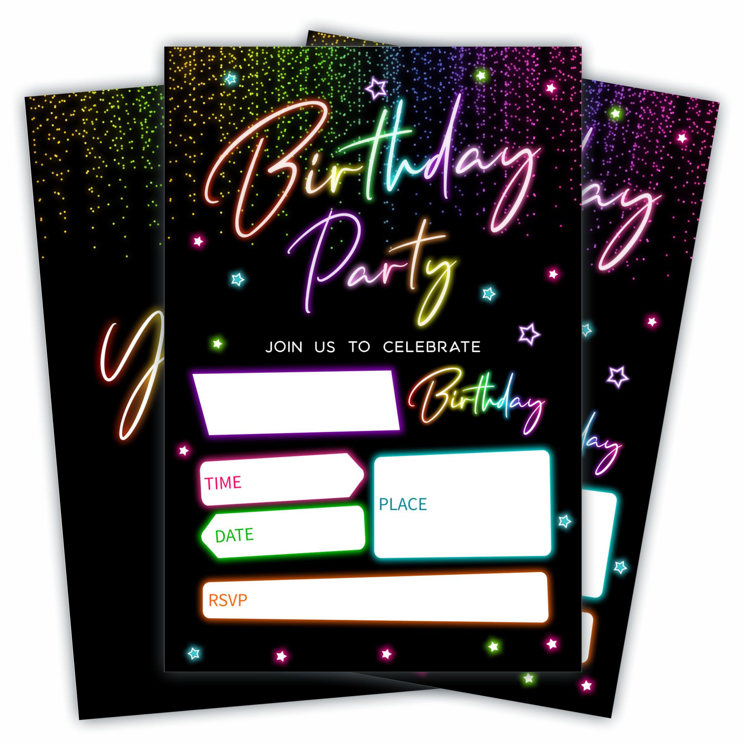 JCVUK Retro Glow Neon Birthday Party Invitations - 20Pcs Double-Sided Fill- In Invitation Cards & Envelopes For Boys, Girls, Birthday Party Favor &