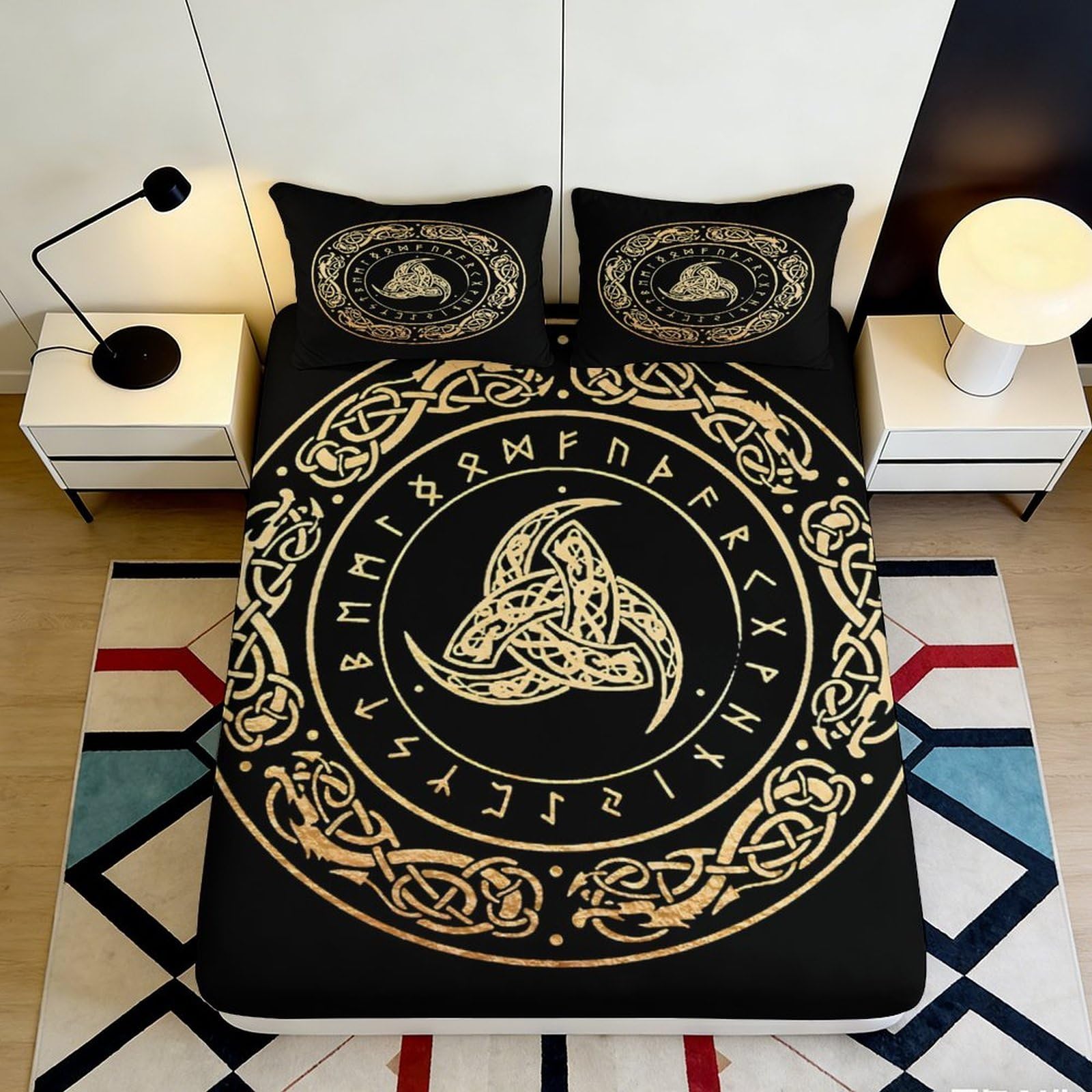 3D Printed Nordic Rune Art Fitted Sheet Microfiber Soft Black Celtic Knot Mattress Cover Bedroom Decor 90x200x25cm
