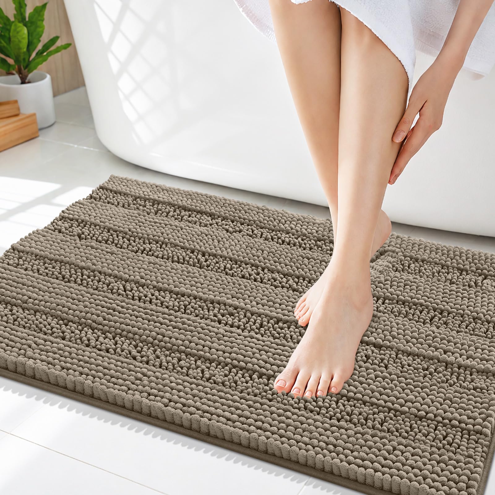 Smiry Thick Chenille Bathroom Rugs 36x24, Absorbent Bath Mat, Warm Taupe