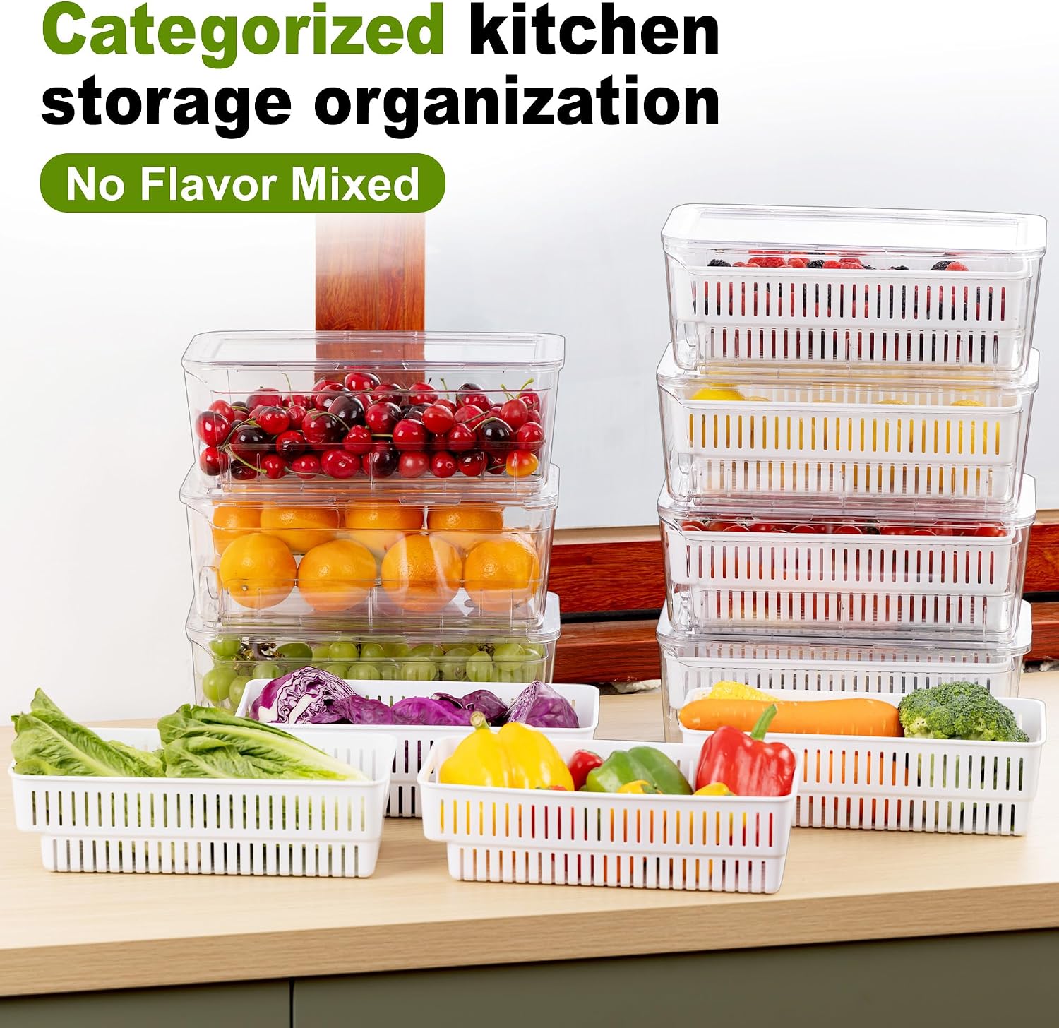 4-Pack Fruit Storage Containers for Fridge, Pull-Out Drawers with Colanders
