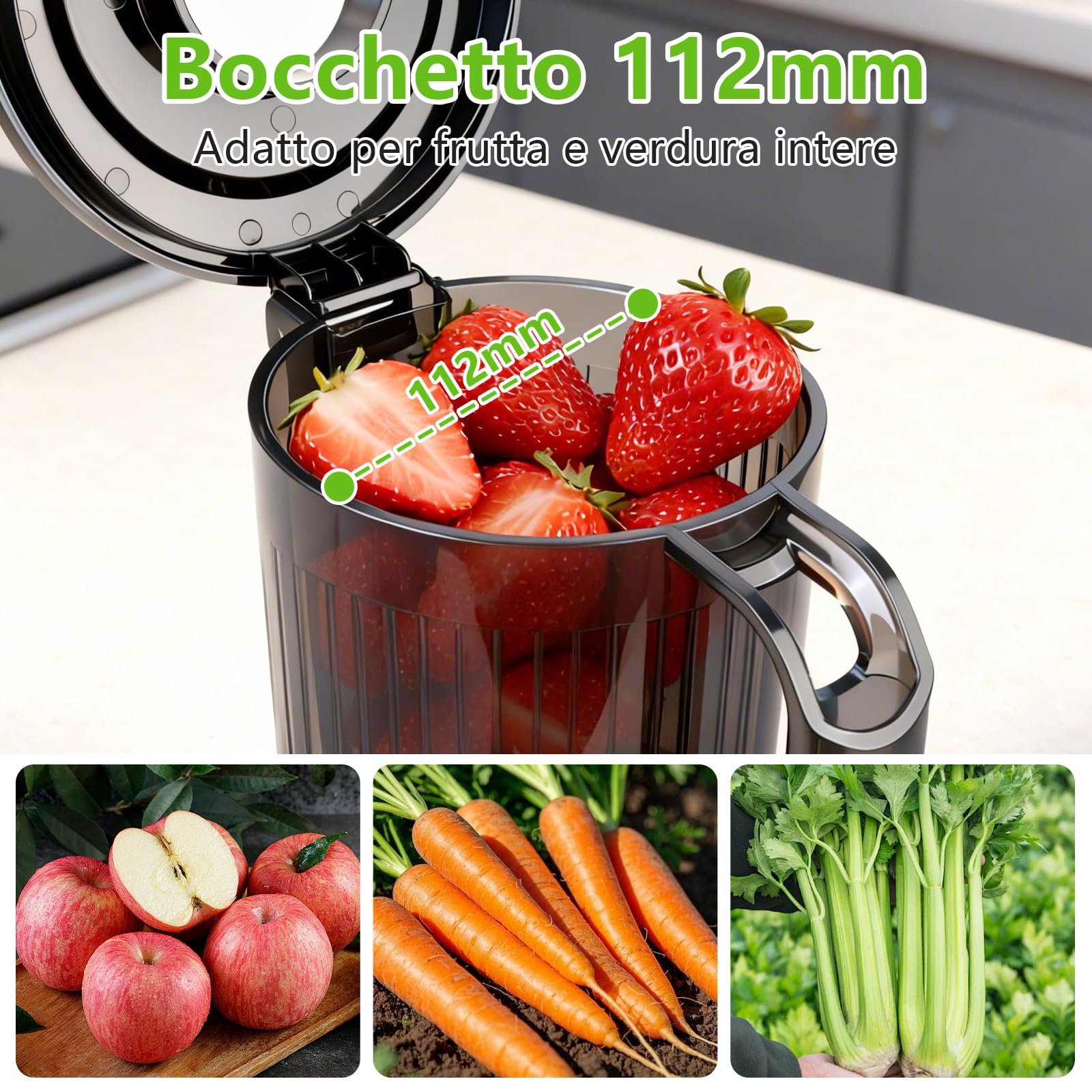 Estrattore Frutta e Verdura,Slow Juicer con Ampio Bocca da 112MM, Spremiagrumi Elettrico Professionale 200W con Funzione di Inversione,per Frutta e Verdura Intere,BPA Free, Estrattore di Succo