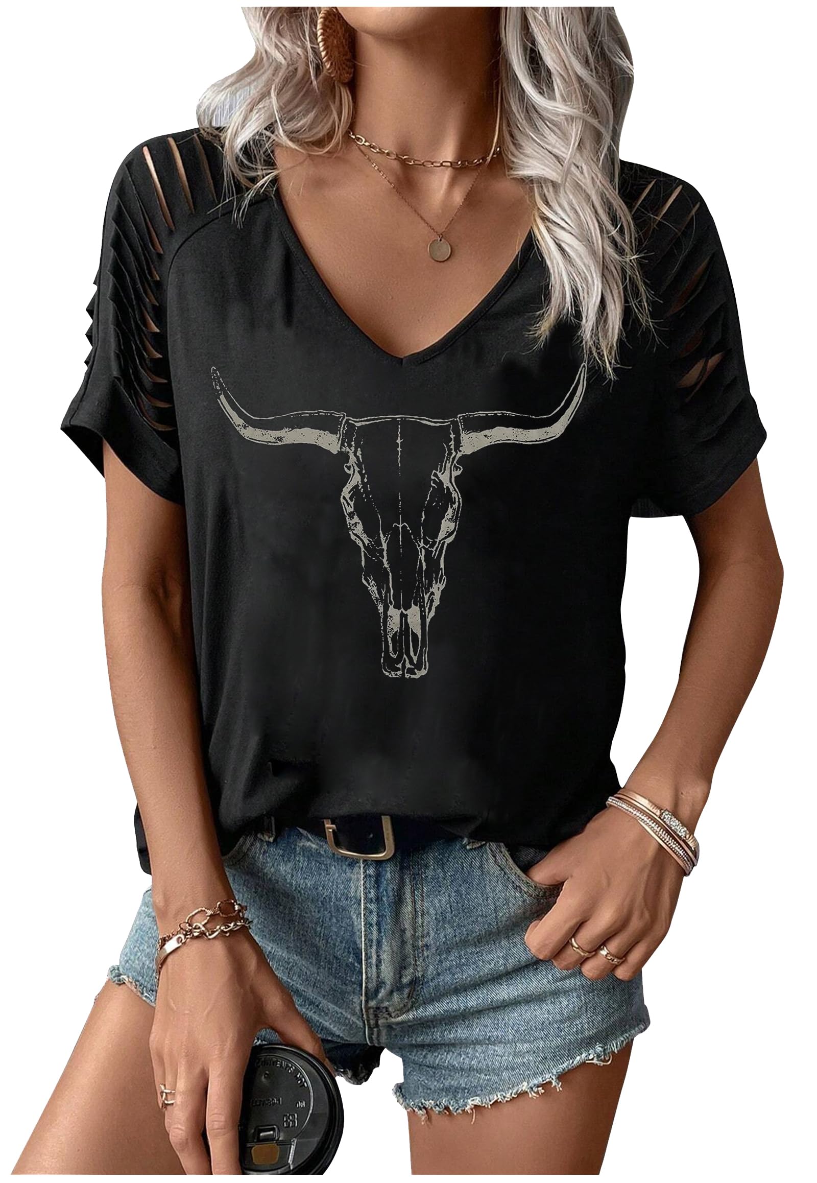 Womens Cut Out Cold Shoulder T Shirts Boho Floral Graphic Tshirts Nashville Country Lacerated Sleeve Cowgirls Tee Tops