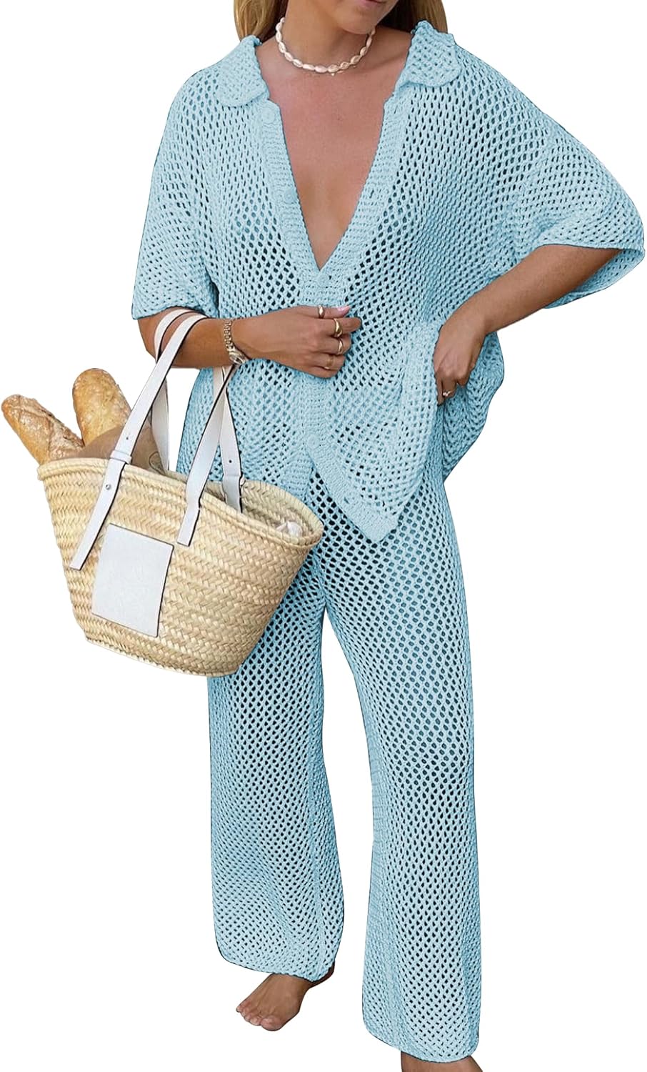 Famulily Womens Sexy Hollow Out Swimsuit Cover Up Sets Button Up Tops and Drawstring Pants 2 Piece Beach Set