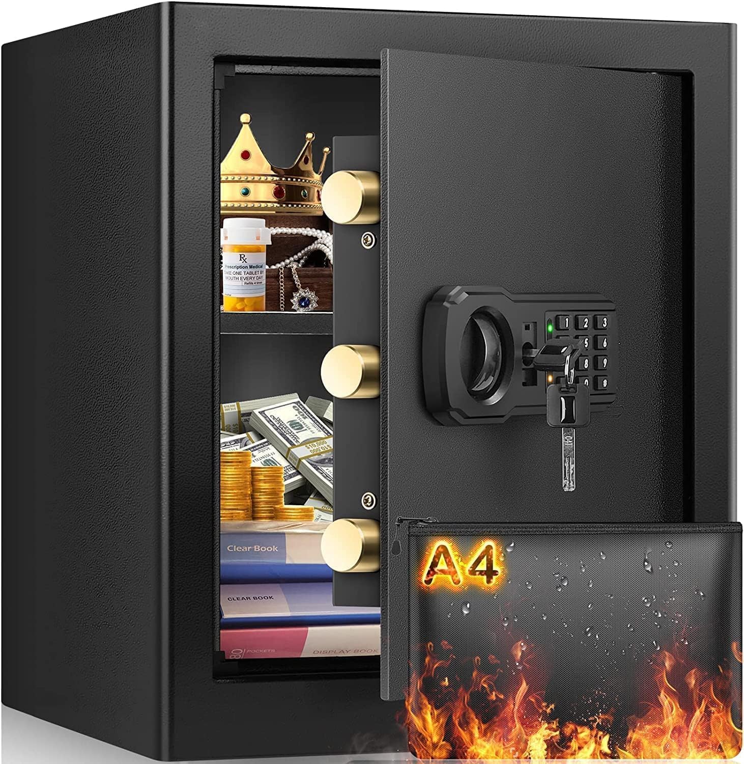 48L Fireproof Home Safe Box with Fireproof A4 Document Bag, Digital Money Safe with Removable Shelf & Mute Function, Large Security Safes for Money Watche Medicine Important Papers