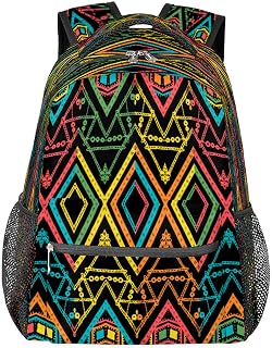 Mochilas para meninos e meninas, mochila escolar com vários bolsos, étnica, geométrica, impermeável, com alça de ombro ajustável para viagens, caminhadas, acampamento, Multi, Medium