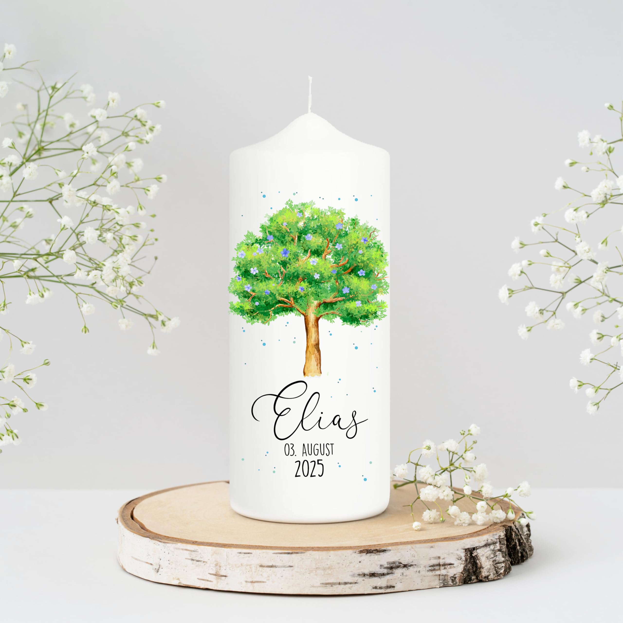 Wandtattoo Loft Taufkerze + Patenkerze Junge Motiv Lebensbaum mit Blüten, 25 cm x 7cm, personalisierte Kerze, bedruckte Kerze zur Taufe, Stumpenkerze, individuelles Taufgeschenk