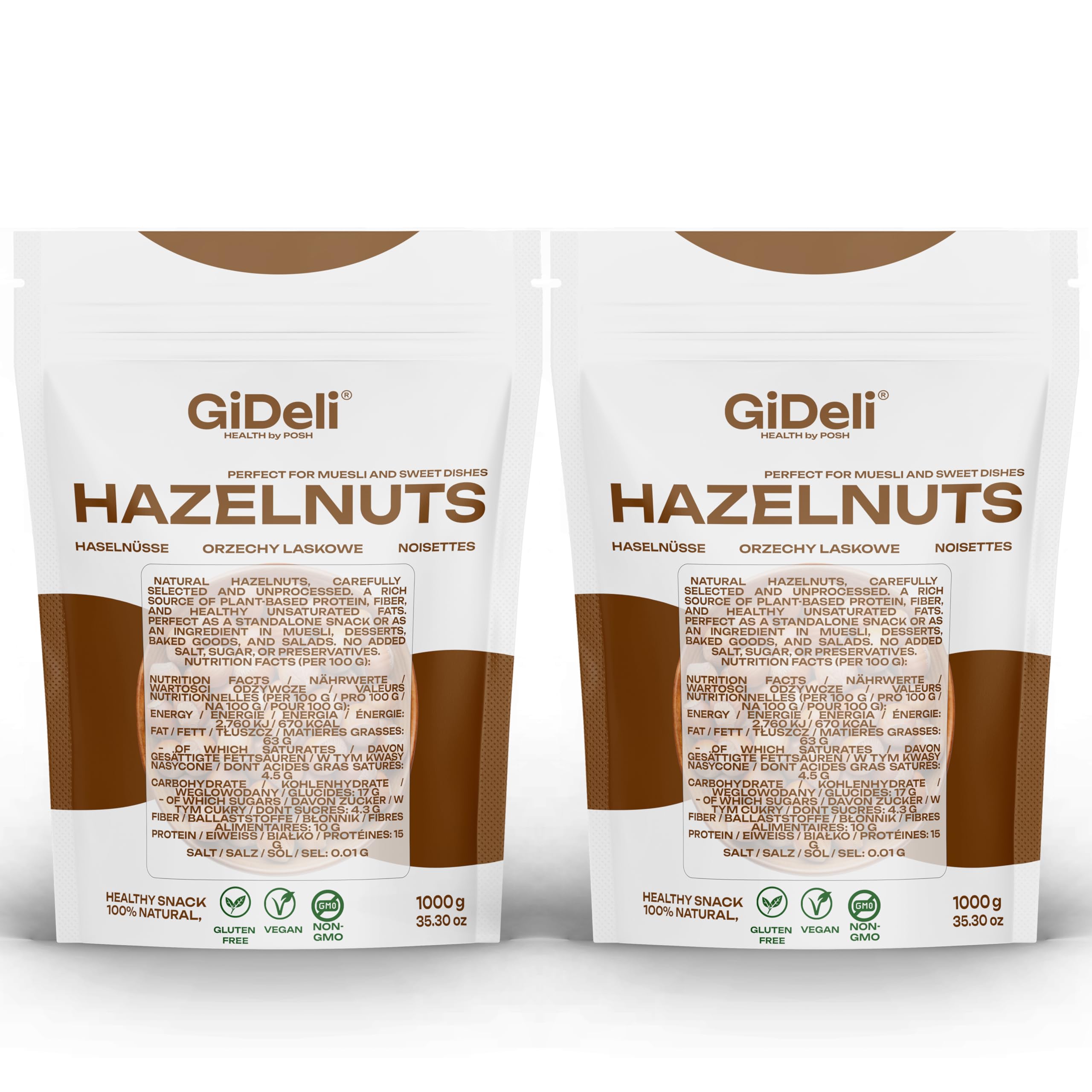 GiDeli Haselnüsse Ungesalzene 2 x 1kg geschält als Snack, Backzutat und zum Verfeinern von Speisen roh, naturbelassen doypack