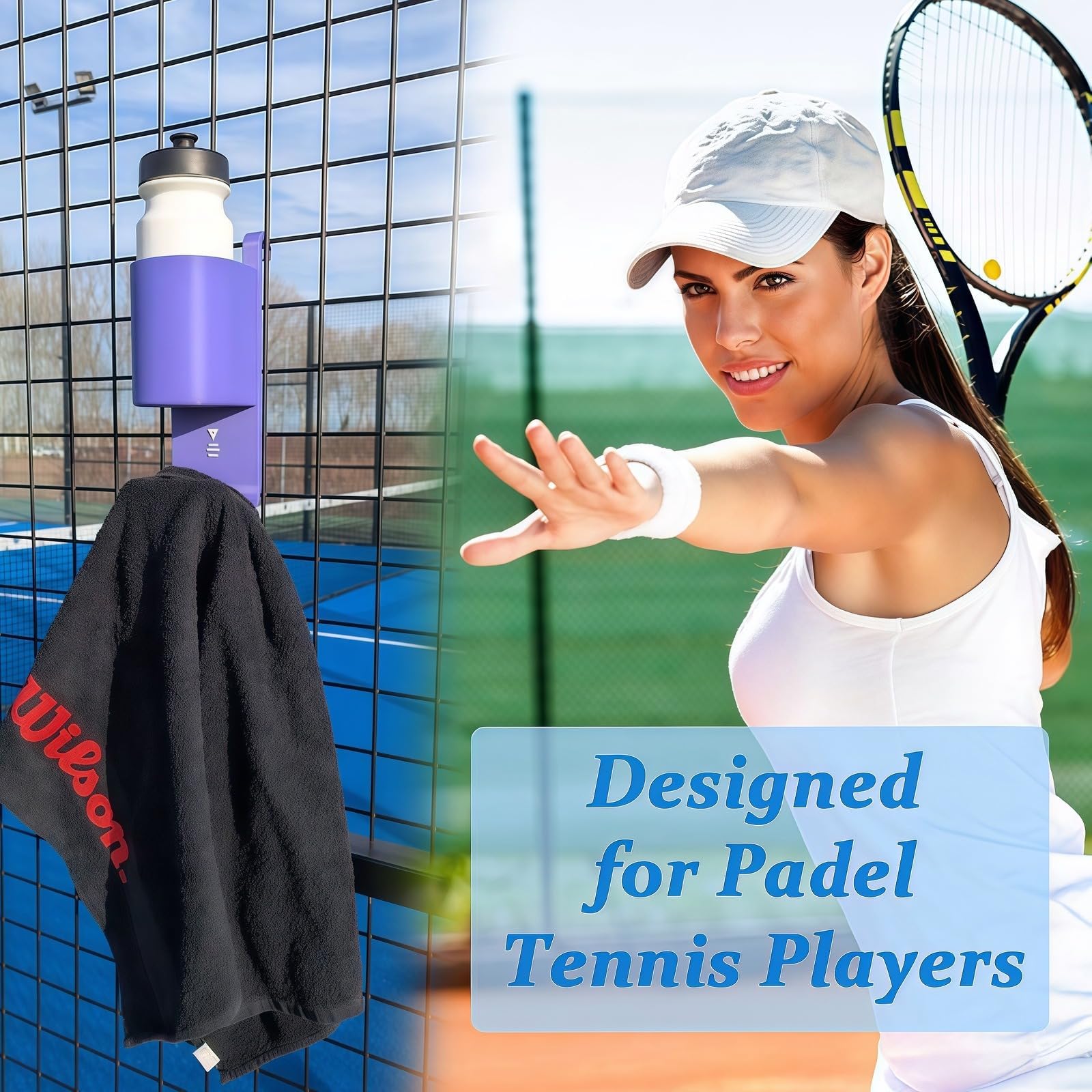 Portaborraccia e portasciugamani da tennis con paddle tennis, organizer laterale per tennisti, porta bottiglie, mantiene l'attrezzatura pulita e organizzata, accessorio essenziale per il supporto per