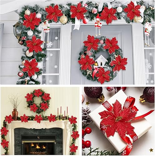 Miniatura 7 de Homcomoda 8 flores de Pascua rojas de Navidad con tallos de flores de Navidad con brillantina, adornos de Navidad para árbol de Navidad, clima,