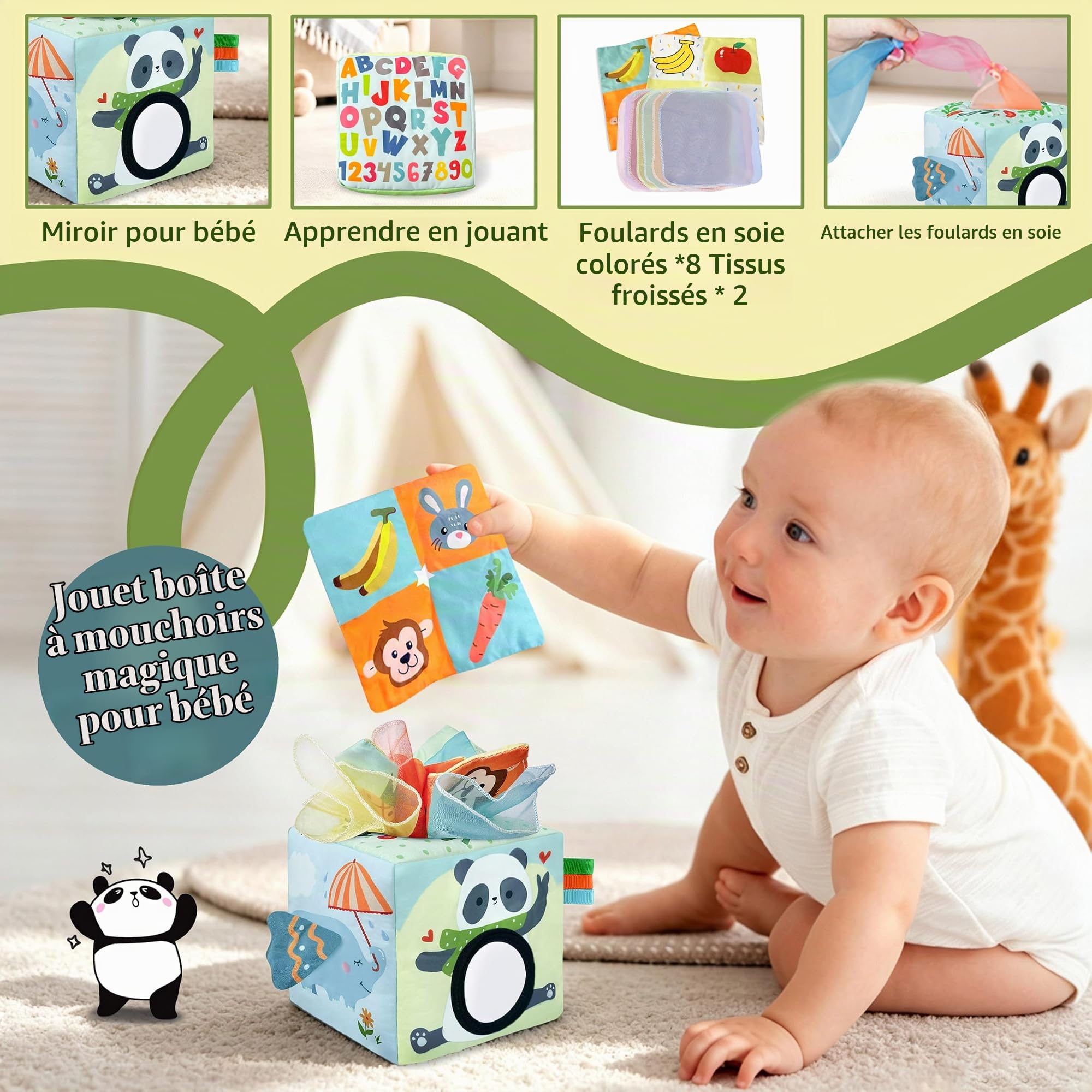 Montessori Jouet Bebe 6 Mois à 1 an, 6 en 1 Montessori Jeux d'eveil Bebe 6 9 12 Mois avec Xylophone en Bois, Trieur de Formes, Tour empilable en Bois, Boîte à Mouchoirs, Balles Sensorielles