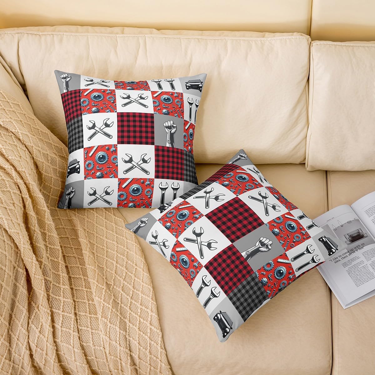 Manfei Repair Tools Throw Pillow Covers 16"x16" Set of 2 Wrench Gear Car Cushion Covers for Couch Sofa Red Gray Check Decorative Pillowcases Soft Outdoor Pillows Covers image 2