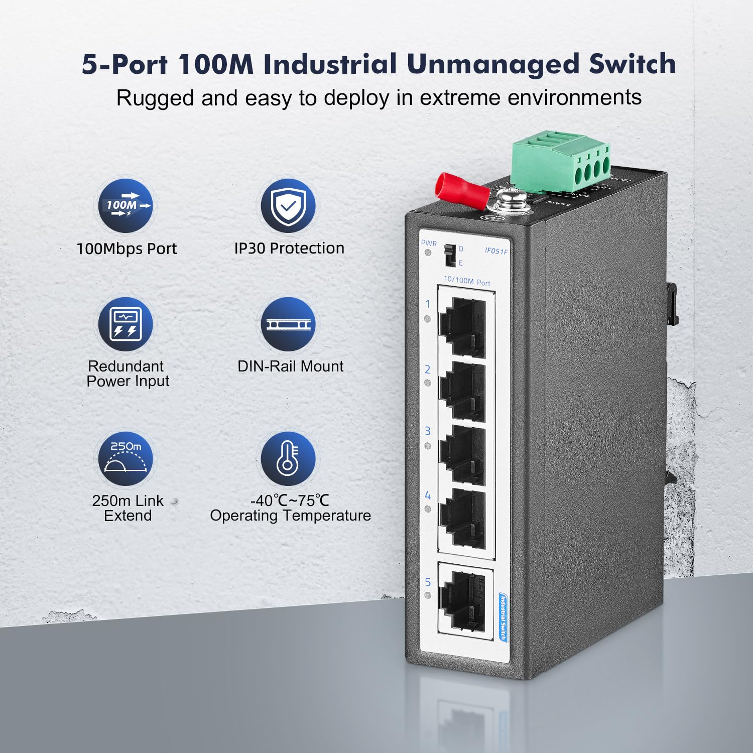 YuLinca 5 Port Industrial DIN-Rail Switch, 4 Ports and 1 Uplink, 10/100Mbps Fast Ethernet, DIN Rail & Wall Mount Included, Unmanaged IP30 Industrial Switch