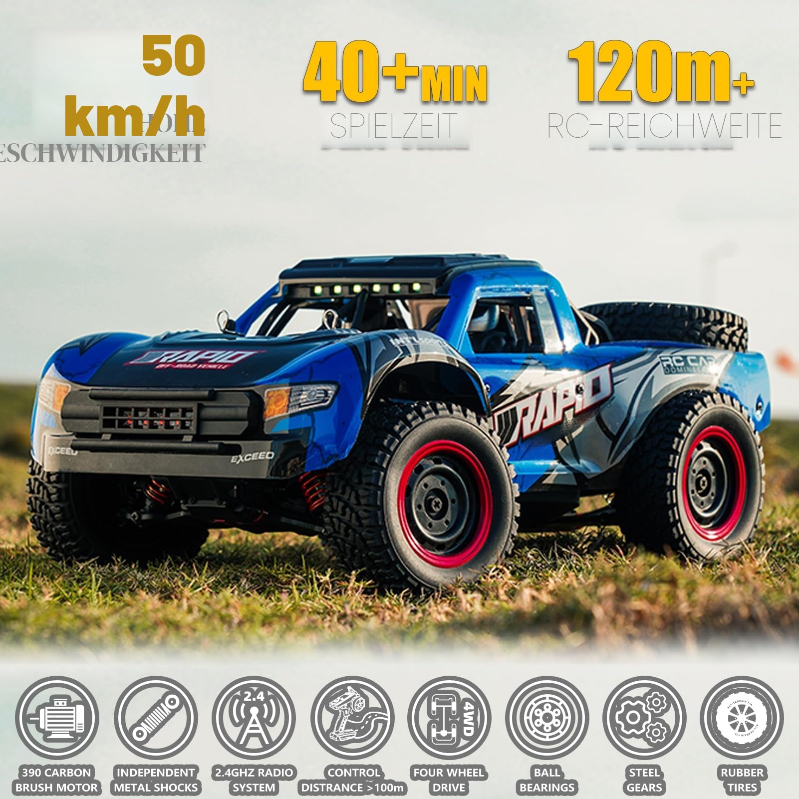 Ferngesteuertes Auto 4WD RC Auto 1/14 50 km/h Offroad Geländewagen 2.4Ghz All Terrain Rennauto RC Buggy mit 2 Akku Ferngesteuert Monstertruck für Kinder und Erwachsene Spielzeug Geschenk Blau