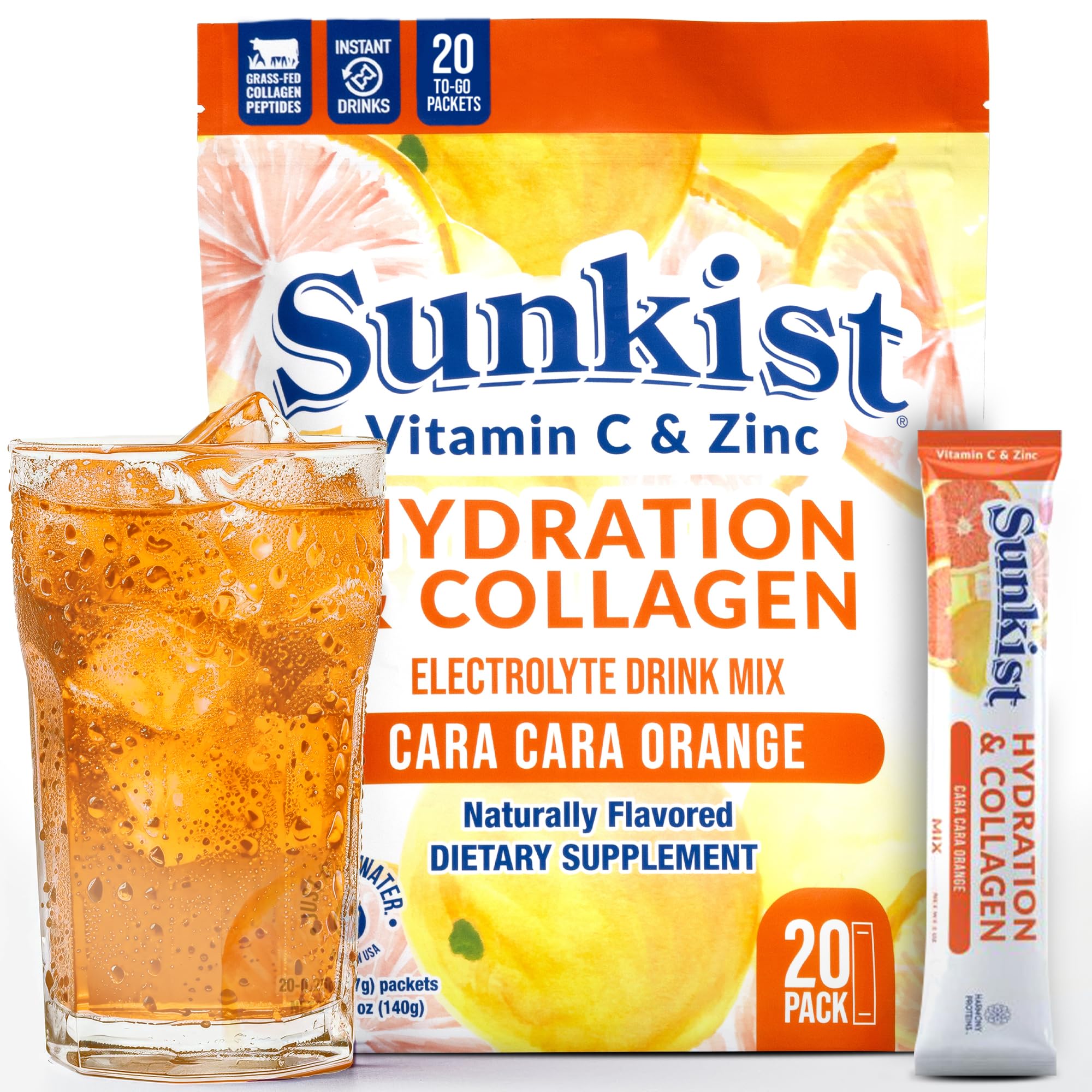 The Frozen BeanSunkist Collagen Drink Mix - Hydration Cara-Cara Orange Electrolyte Drink for Women with Vitamin C, Zinc, Collagen Peptides, Naturally Flavored - 20 Packs