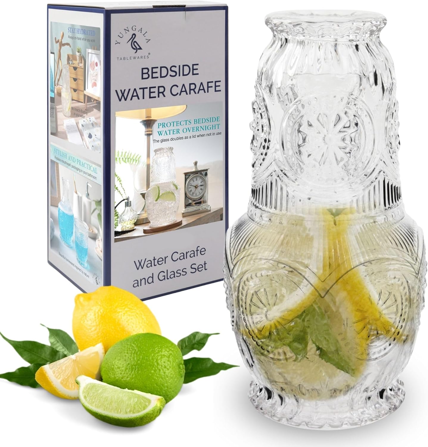 Yungala Vintage Bedside Water Carafe and Glass Set – Clear Glass 22oz - Image 9