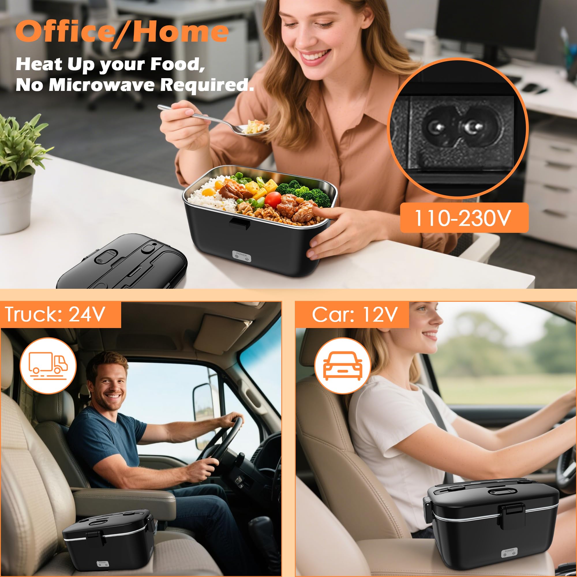 COZYEXPERT Lonchera eléctrica calentada de 100 W para adultos, calentador de alimentos portátil de 1,8 L para trabajo/coche, 12 V/24 V/110-230 V, Lonchera Eléctrica portátil con tenedor y cuchara