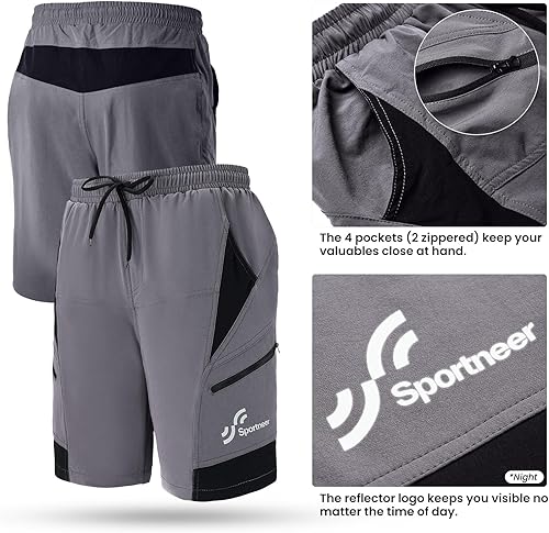 Miniatura 4 de Sportneer Pantalones cortos de ciclismo para hombre 3D acolchado ligero para montar en bicicleta, ciclismo, bicicleta de montaña, pantalones cortos