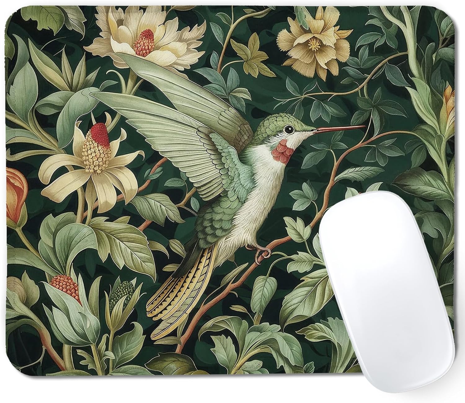 Sage Green Floral Hummingbird Mouse Pad, William Morris Inspired Floral Humming Bird Mouse Pads for Home Office Dorm Computers Laptop Supplies Desk Accessories, 9.5x7.9 Inch
